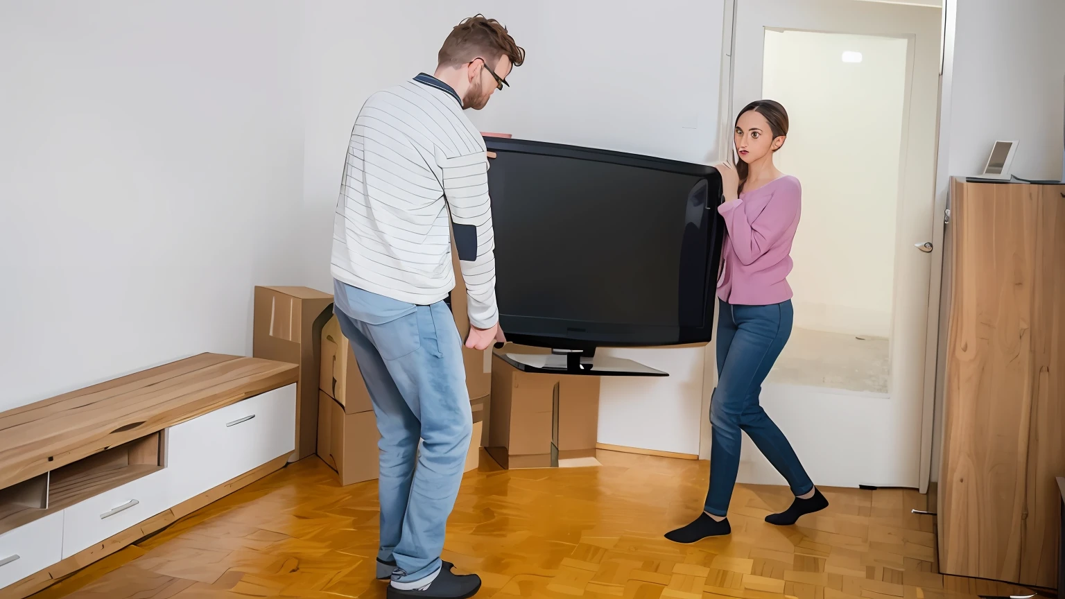 They are in a living room with a television and a man holding a television, movente, colocado em uma sala de estar, Divirta-se, Television, advertising photo, rectangle, tv, location in a apartment, Comercial de TV, maintenance, em uma sala de estar, Furniture overturned, artist's interpretation, iniciante, um elegante, with overturned furniture, unique design, onde um grande