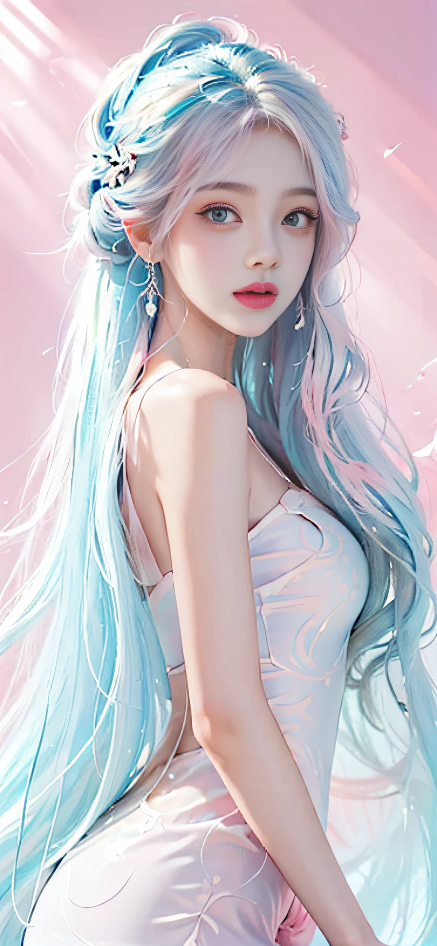 （tmasterpiece、best qualtiy、A high resolution），white backgrounid，Acrylic paints，（（splash of color，Splash ink、Color splattering）），Sweet Chinese girl，light blue long hair，[light blues|Pink big breasts]the hair，curlies，glitters，Pink lips，White color blouse，frontage，The upper part of the body，Petite