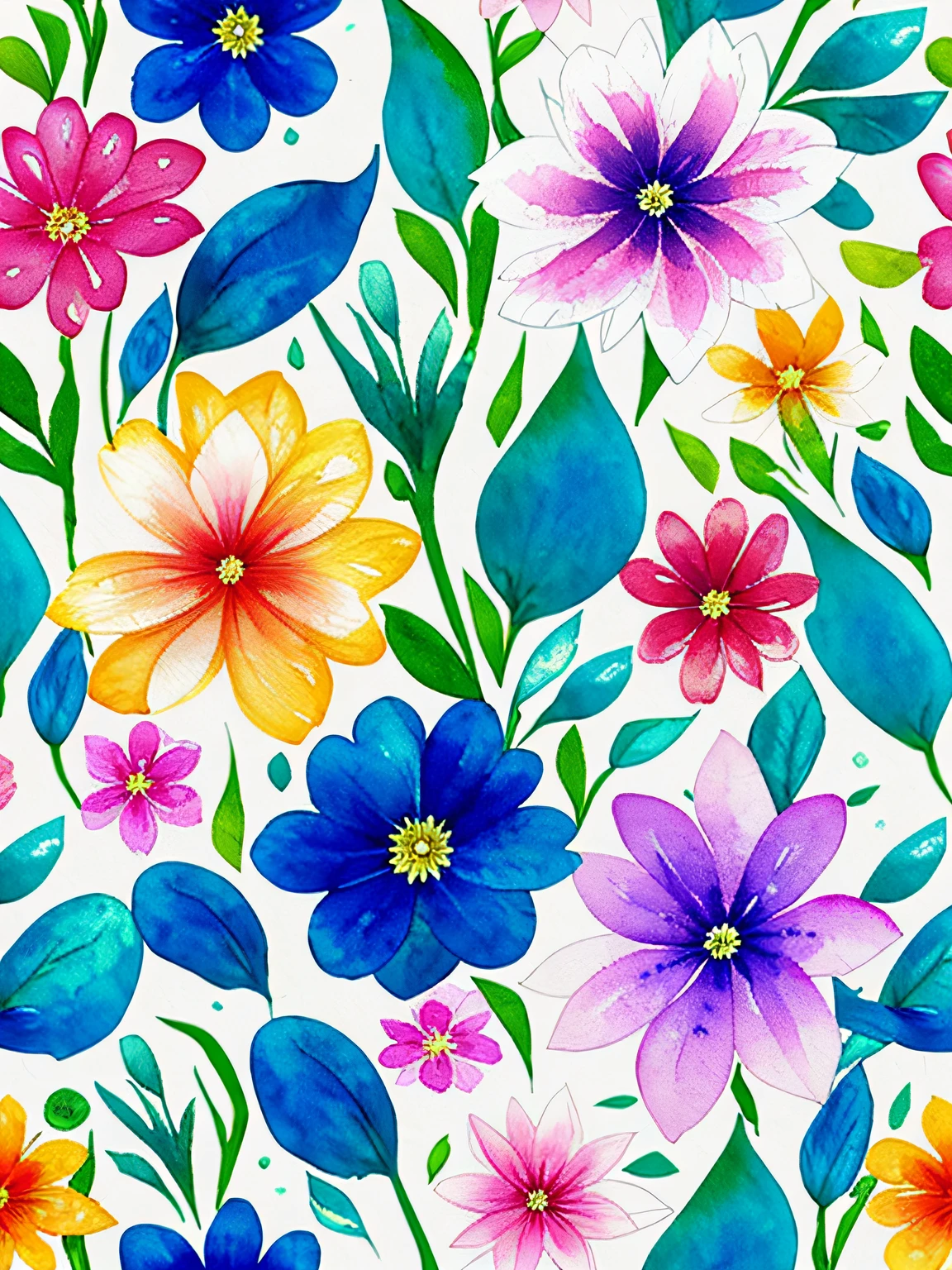 watercolor, flower, beautiful, watercolor style, flower and leaf patterns, wet on wet technique, muted, indigo, fabric design, flat illustration, highly detailed clean, vector image, masterpiece, professional, isometric, bright vector, white background, dry brush, brush strokes, painted on canvas, by J.M.W. Turner. expressive marks.