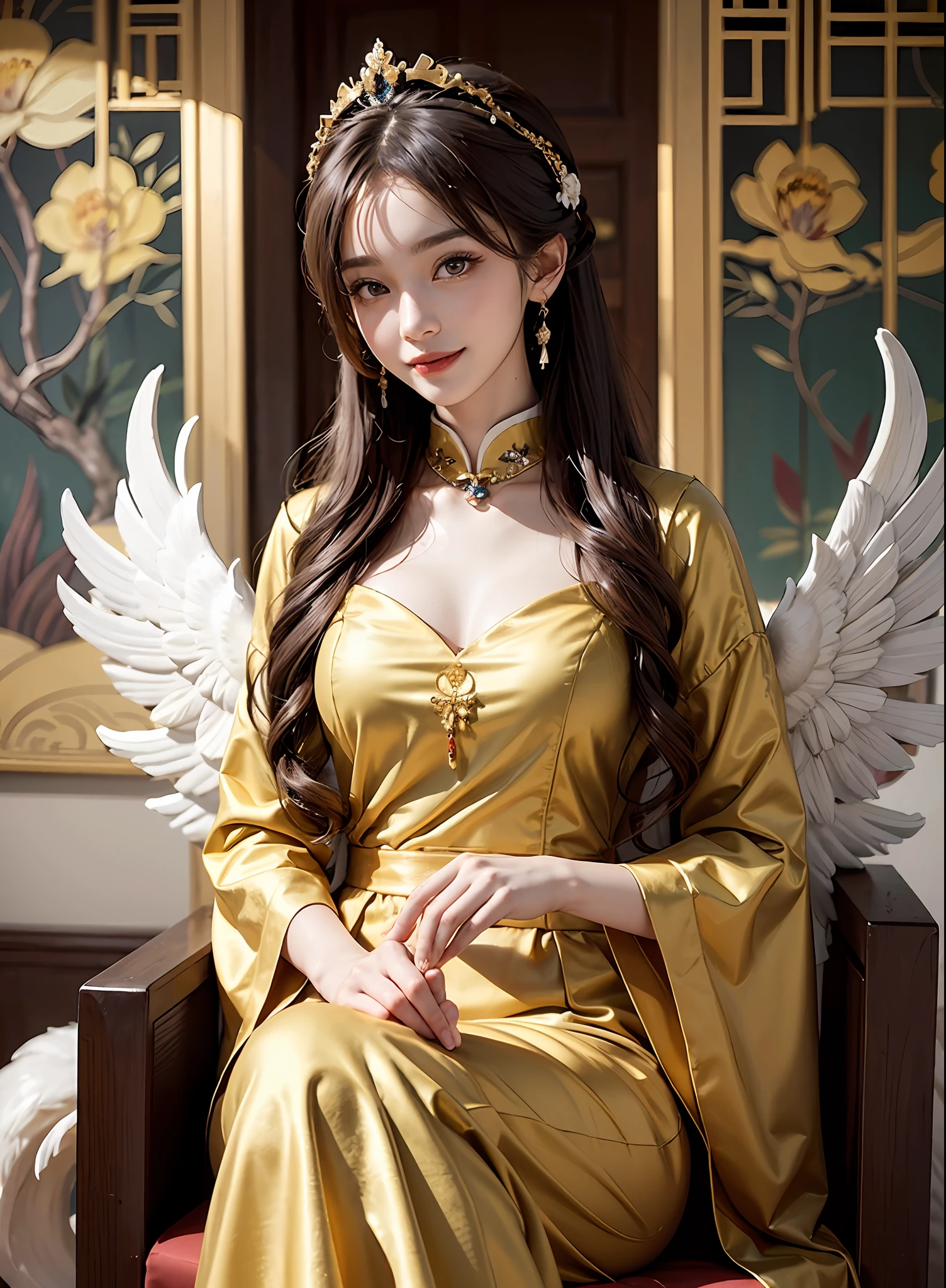 golden colored,Chinese palaces,1Blittle girl,Lily,ponytails,brunette color hair,By bangs,Chinese long skirt,flower,35-year-old female model,queen mother,Phoenix crown,Smile,