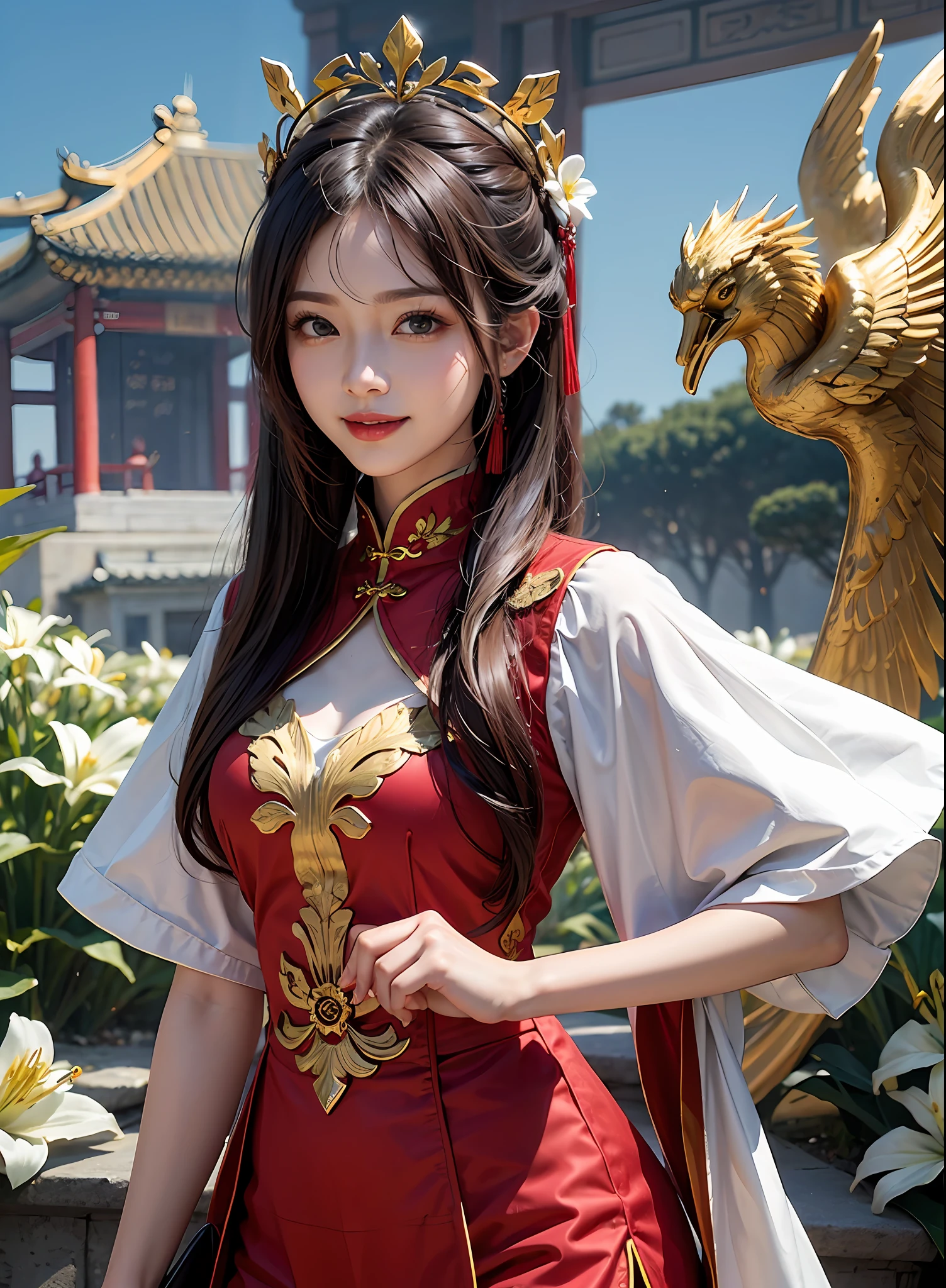 golden colored,Chinese palaces,1Blittle girl,Lily,ponytails,brunette color hair,By bangs,Chinese long skirt,flower,35-year-old female model,queen mother,Phoenix crown,Smile,
