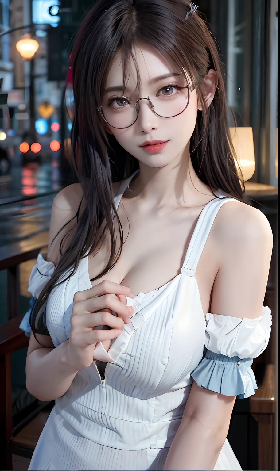 （RAW photos：1.2），high high quality，Beautiful Meticulous Girl，nurses，Highly detailed eyes and face，beatiful detailed eyes，hugefilesize，A high resolution，8k wallpaper，finely detailled，Highly detailed stock code uniform 8k wallpaper，light in face，full bodyesbian，Have by the sea，电影灯光，16 year old girl，A sexy pose，（photo-realism：1.4），illustratio，ultra-realistic realism，super detailing， tmasterpiece， Have by the sea，shift dresses，wears glasses，Bigchest，low chest