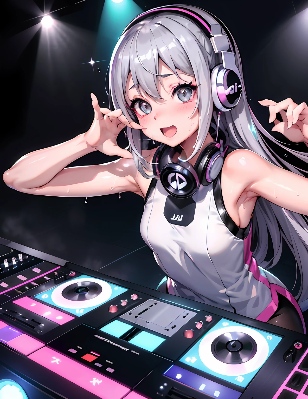 masutepiece、Ultra-high-definition digital art、(DJ)、girl with、Grey Color Hair、straight haired、kawaii faces、((fun look))、White Sleeveless Performance Wear、headphones、(DJ Booth)、Crystal clear skin、beautidful eyes、disco、mirror ball、turntable、Floor Audience、Splashes of sweat glitter、perfect hand、intricate detailes、sharpnes