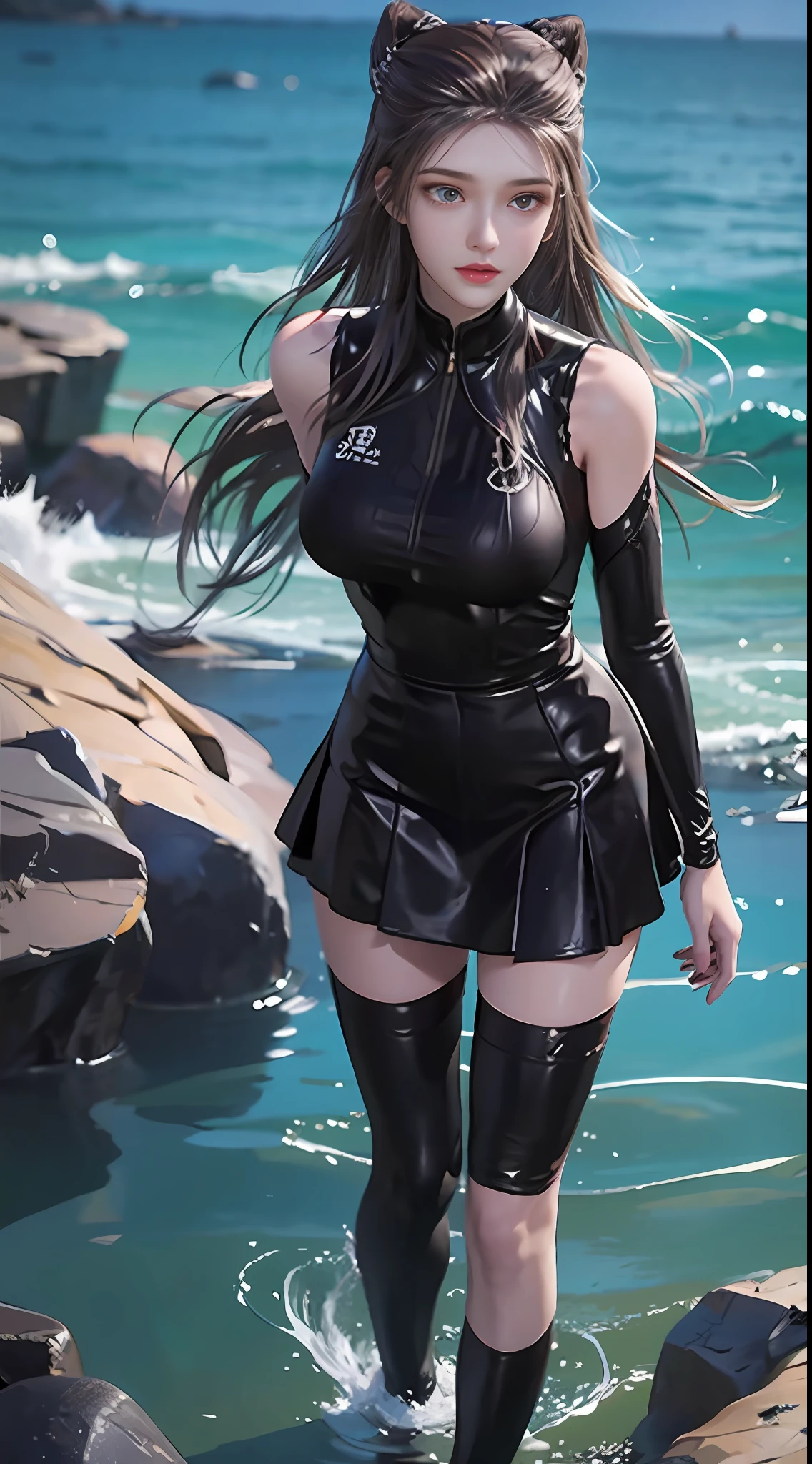 HD 8K definition，ultra - detailed）， 1girll， 独奏，teens girl， Pure desire， Wearing track suit，JK skirt black silk，Long legs，On the surface of the sea，are standing，looks into camera