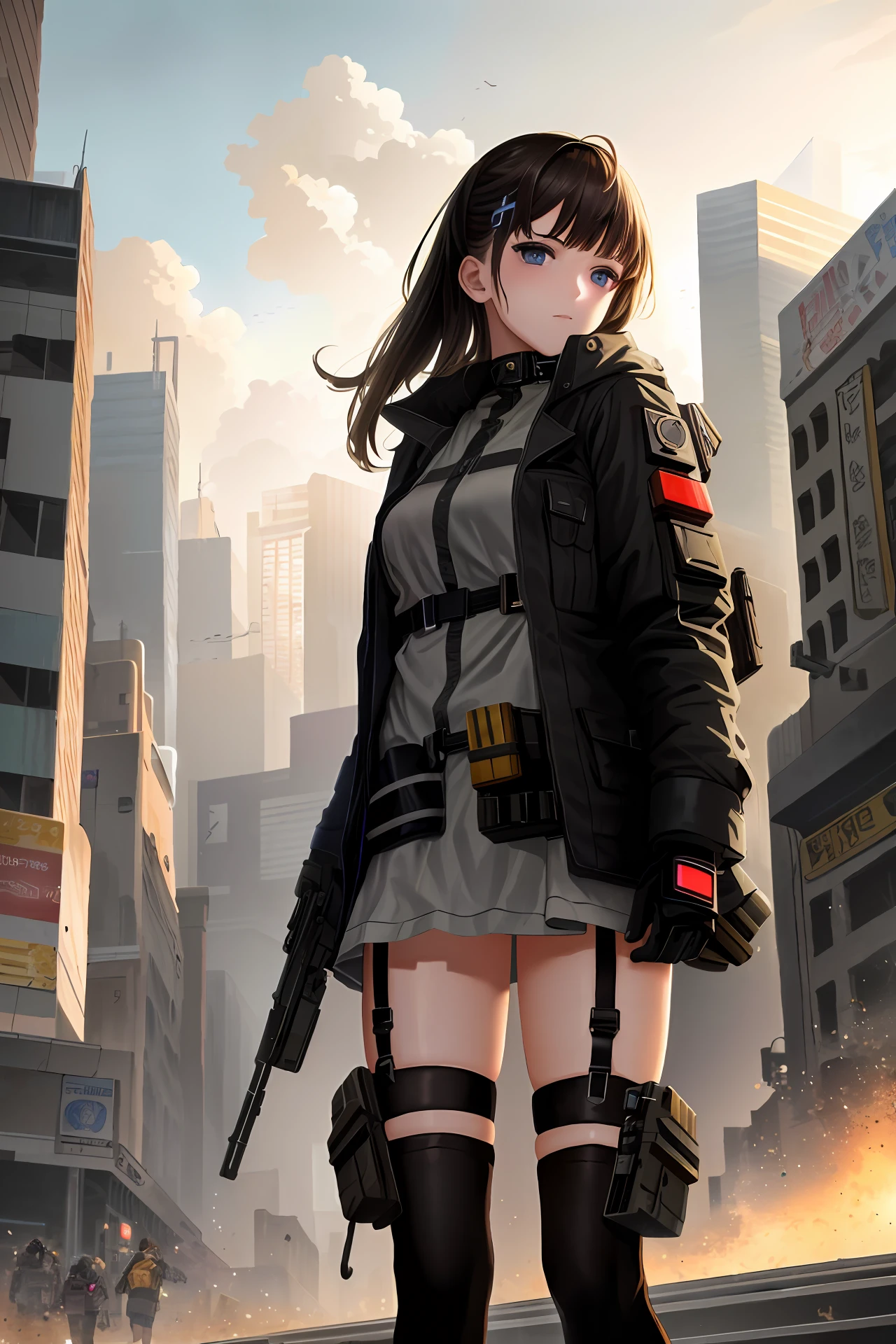 hyper realistic, masterpiece, very detailed, sci-fi, dystopian, (beautiful eyes ), (bangs), brunette, Woman,  detailed face, detailed skin, baggy clothes, thigh high socks, skirt,  cyberpunk, soft light, subsurface scattering,((skyline)), cumulonimbus clouds, busy street, polluted, dust,