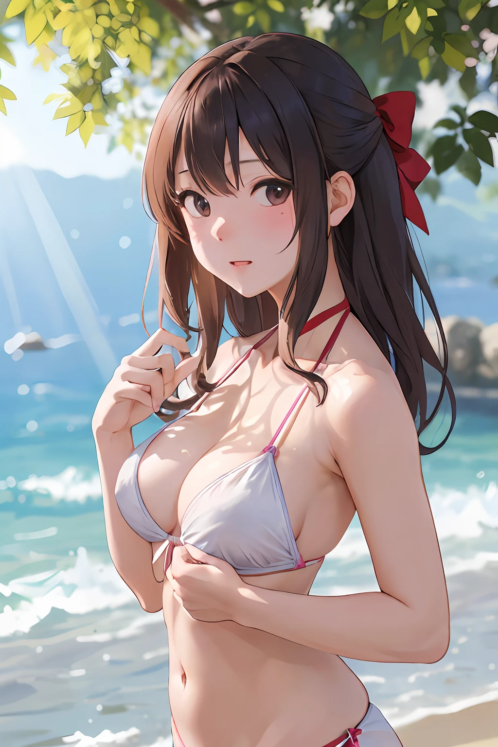 女の子1人、a matural female、the bow、a picture、realisticlying、top-quality、adopt、A detailed face、mare、细致背景、diffuse sunlight、depth of fields、Bokeh、The bikini