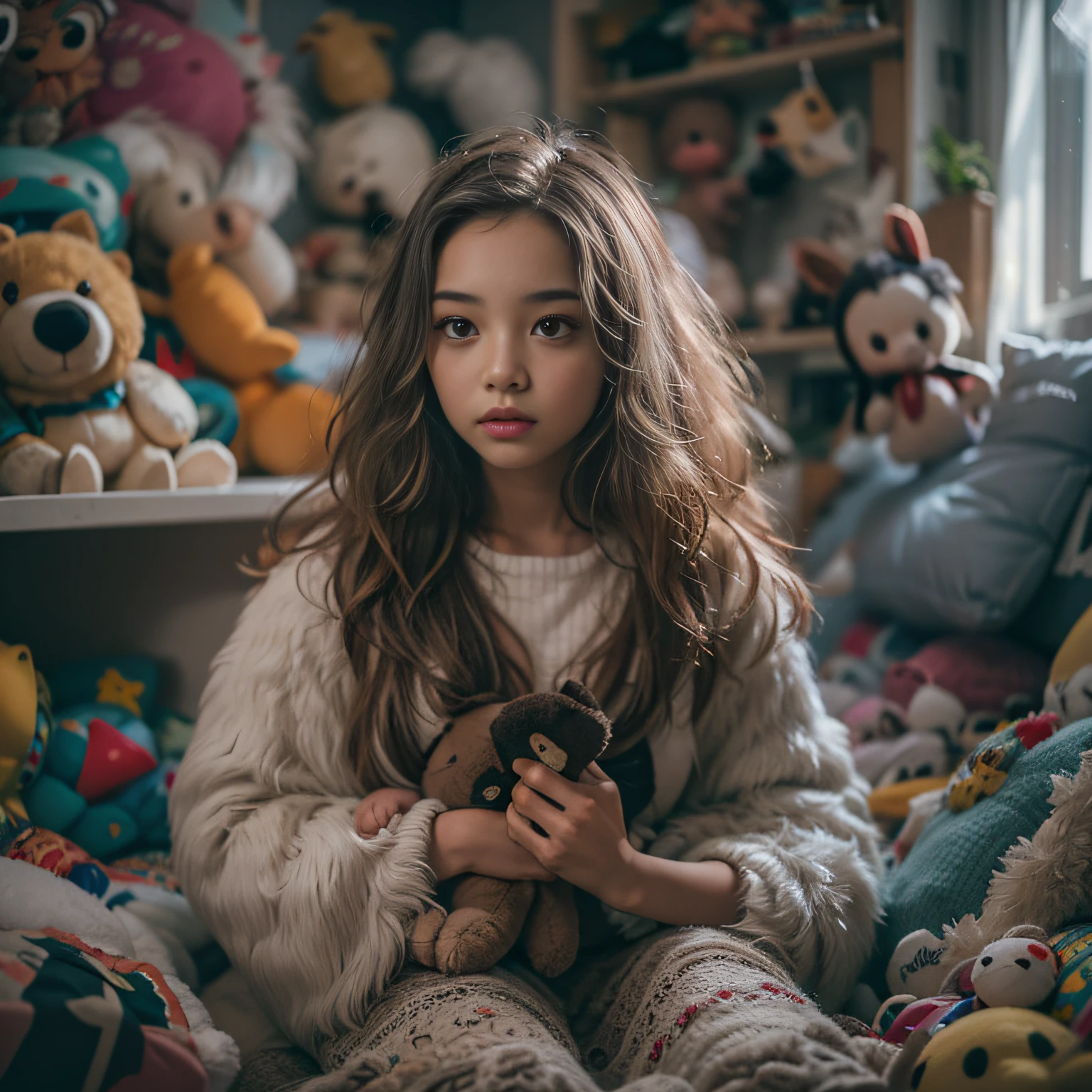 A 12-year-old girl is holding a stuffed animal,Sitting in a room full of toys,,cabelos preto e longos,Tolerable,nudity,Nude,rejoice,Perfect Quality,Clear Focus(clutter - home:0.8), (tmasterpiece:1.2) (realisticlying:1.2) (Bokeh) (best qualtiy) (DetailsKean:1.3) (complexDetails) (8K) (DetailEyes) (Sharp focus),(hilarious)Close-up cleavage