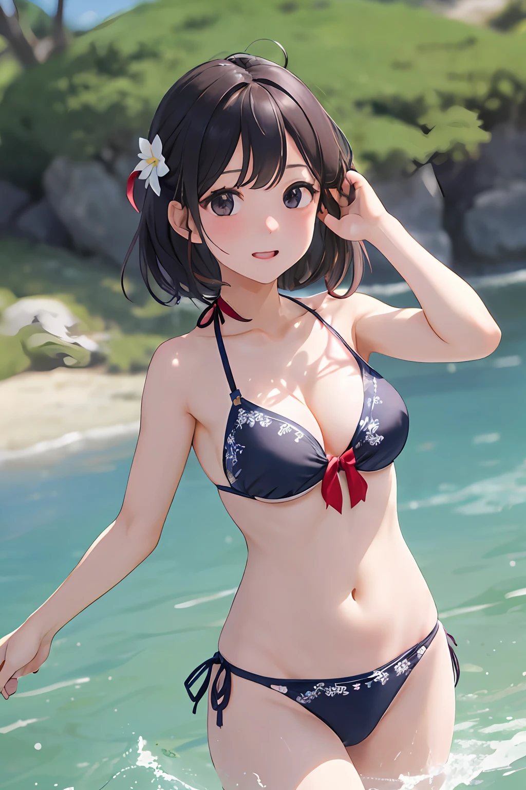 1人、a matural female、the bow、a picture、realisticlying、top-quality、adopt、A detailed face、mare、细致背景、diffuse sunlight、depth of fields、Bokeh、The bikini