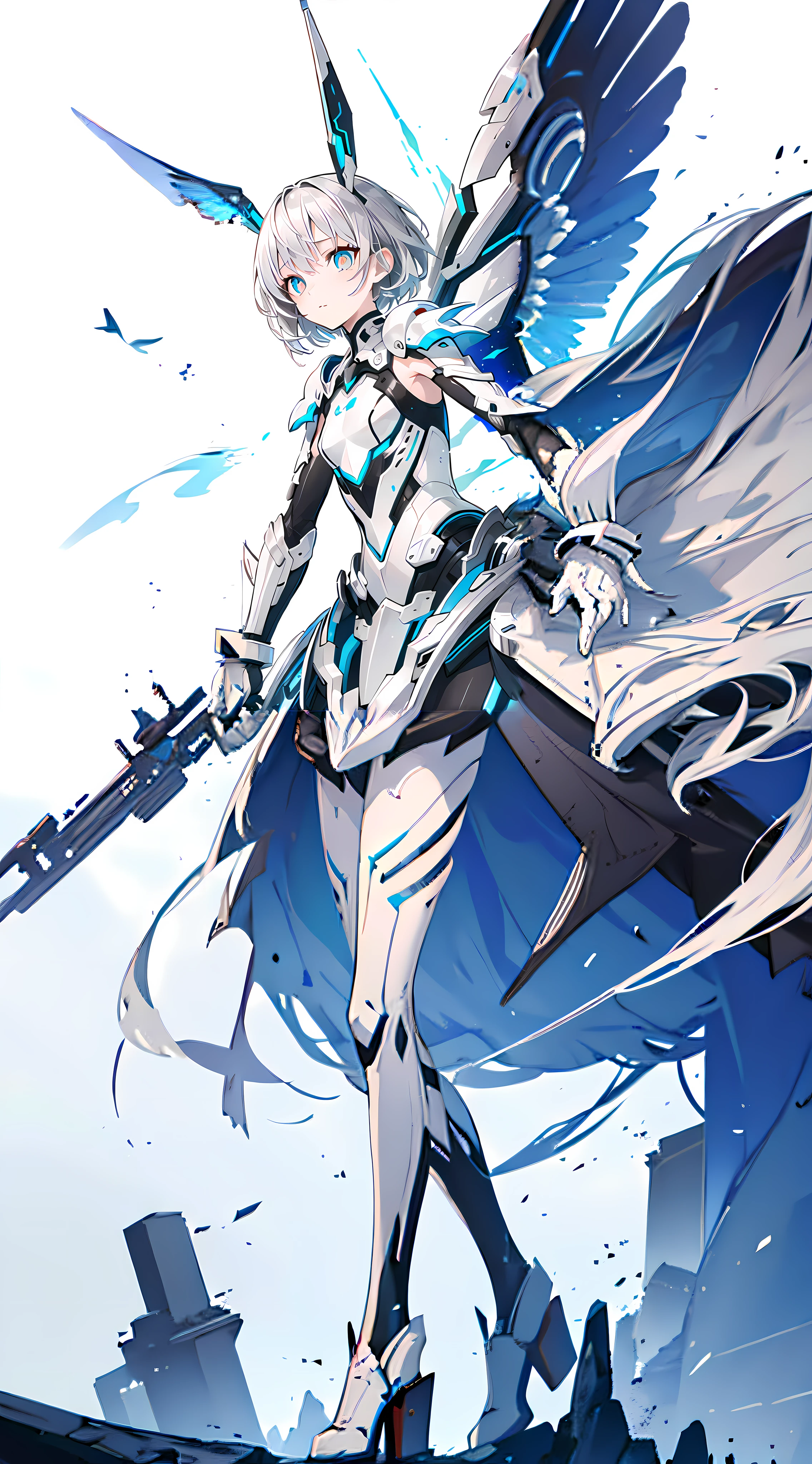 tmasterpiece,Best quality at best,flatcolors,Official fine art,White theme,(Hyper-detailing),(illustratio),only one girl,The proportions of the human body are correct,Stand on a platform,lowerbody,Mechanical wings,White mechanical legs,battle garment,with dynamism,++++(full bodyesbian),clean backdrop