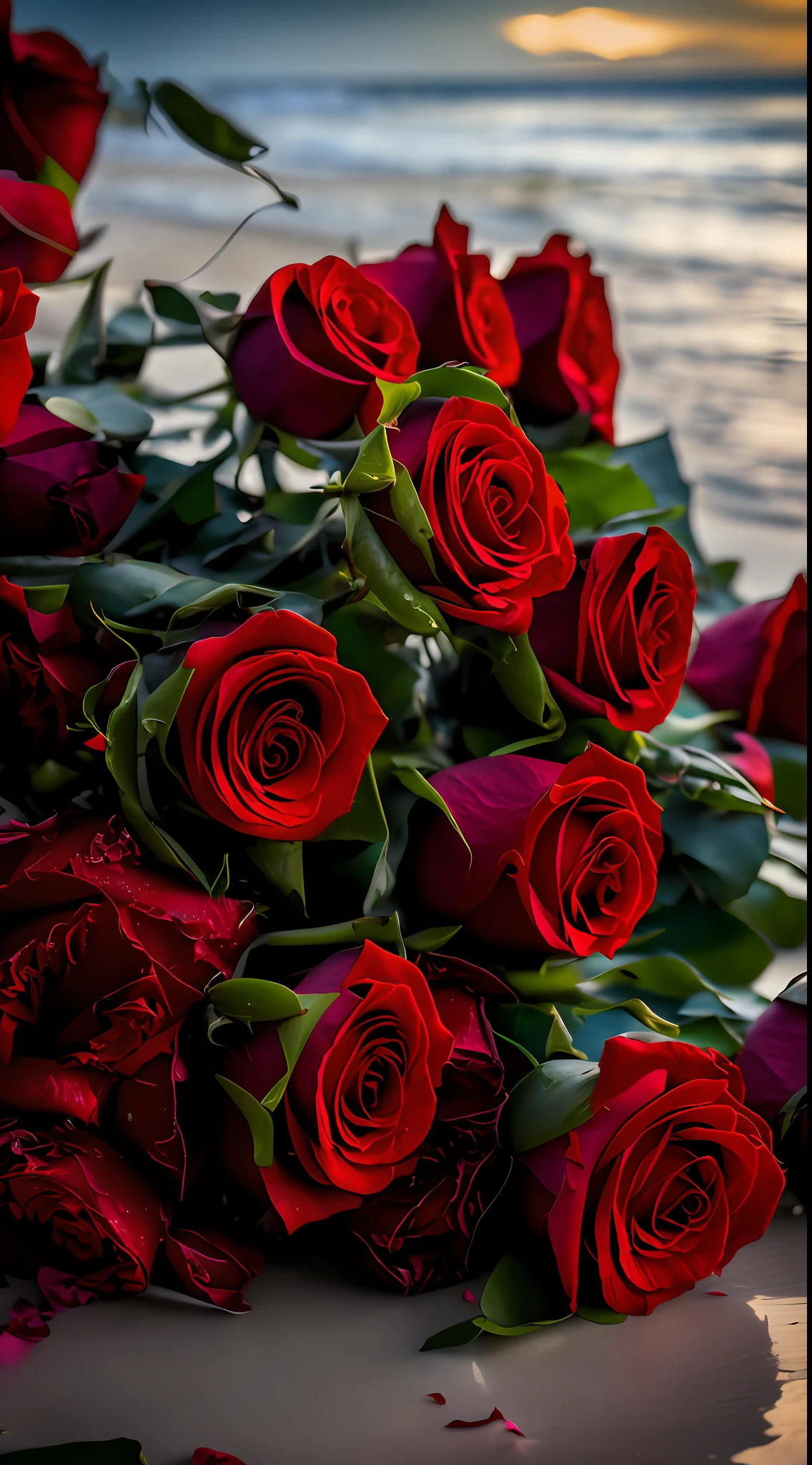 Rose lying on the beach,The background is the ocean, roses in cinematic light, Red roses, rosses, rosette, Black roses, red roses at the top, rose background, a few roses, small red roses, author:Alexander Fedosav, laying on roses, Romantic!!!, alexey egorov, Red neon rose, black and red