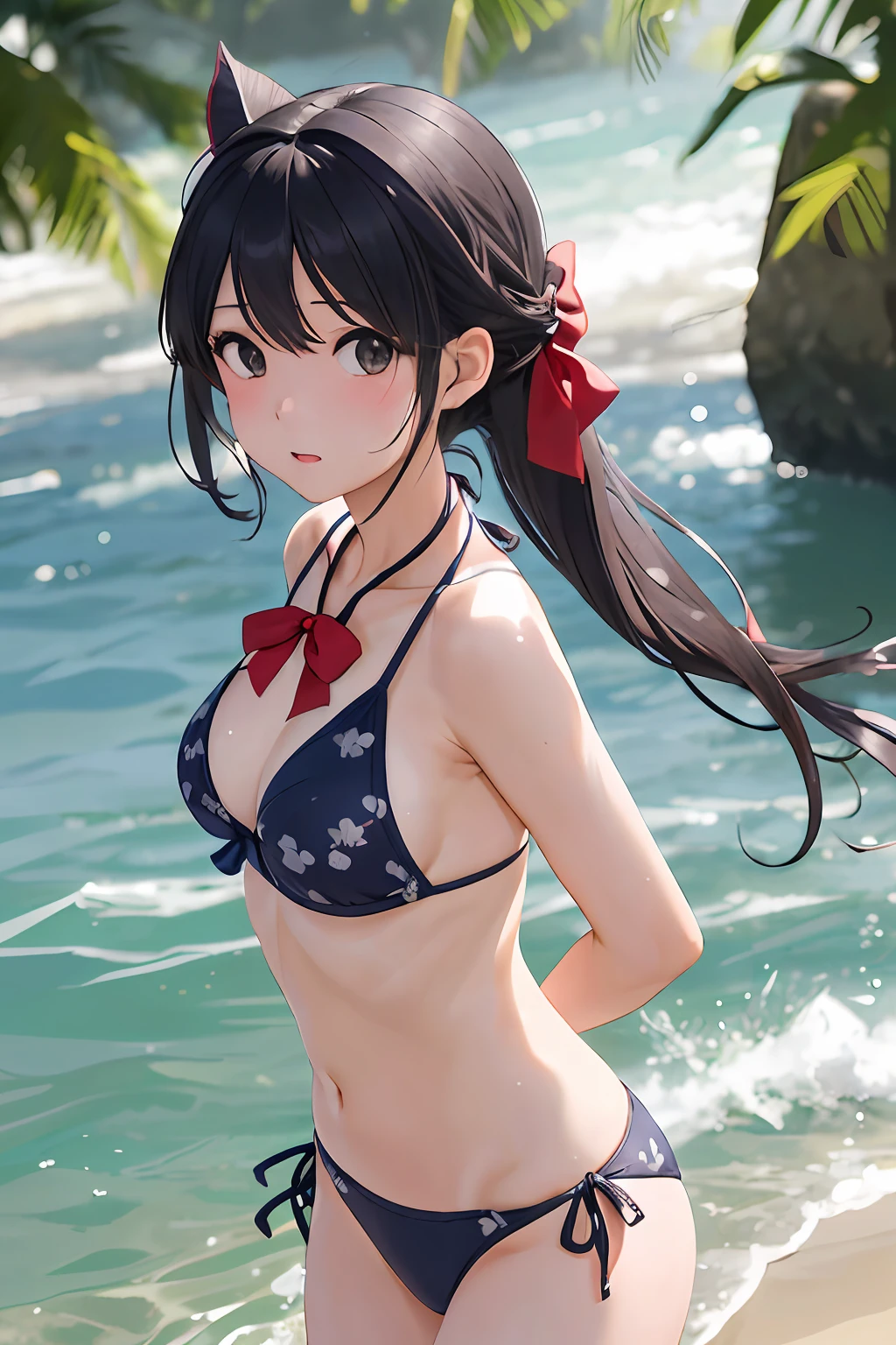 1人、a matural female、the bow、The bikini、a picture、realisticlying、top-quality、adopt、A detailed face、mare、细致背景、diffuse sunlight、depth of fields、Bokeh、