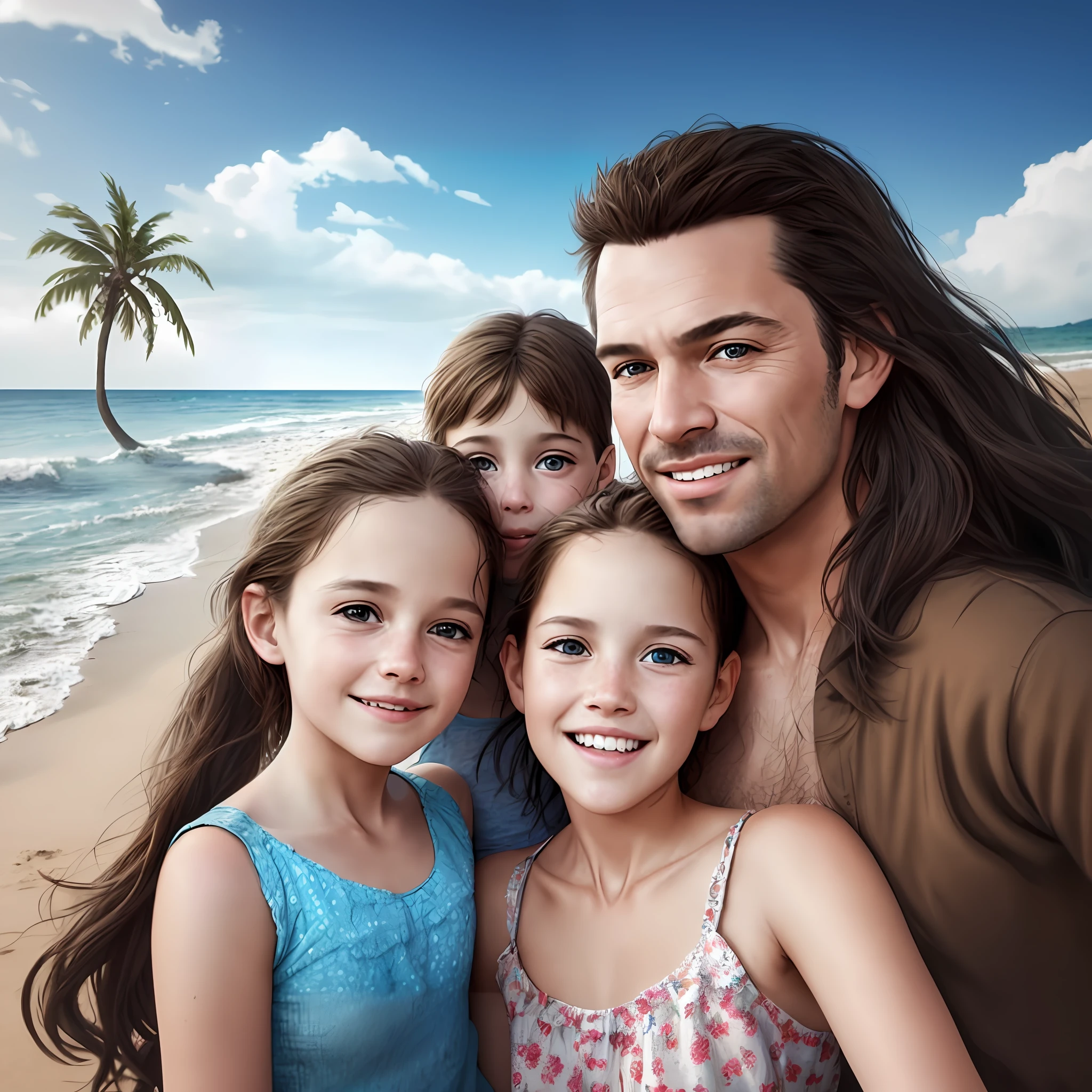 A man and two girls and a man on the beach, realistic portrait photo, Digital art. photograph realistic, Happy family, personal profile picture, high quality portrait, family photos, beautiful and realistic faces, Photorealistic faces, uhd realistic faces, photo realistic portrait, realistic digital painting, Realistic art, Numbers washes, very realistic digital art, illustratio