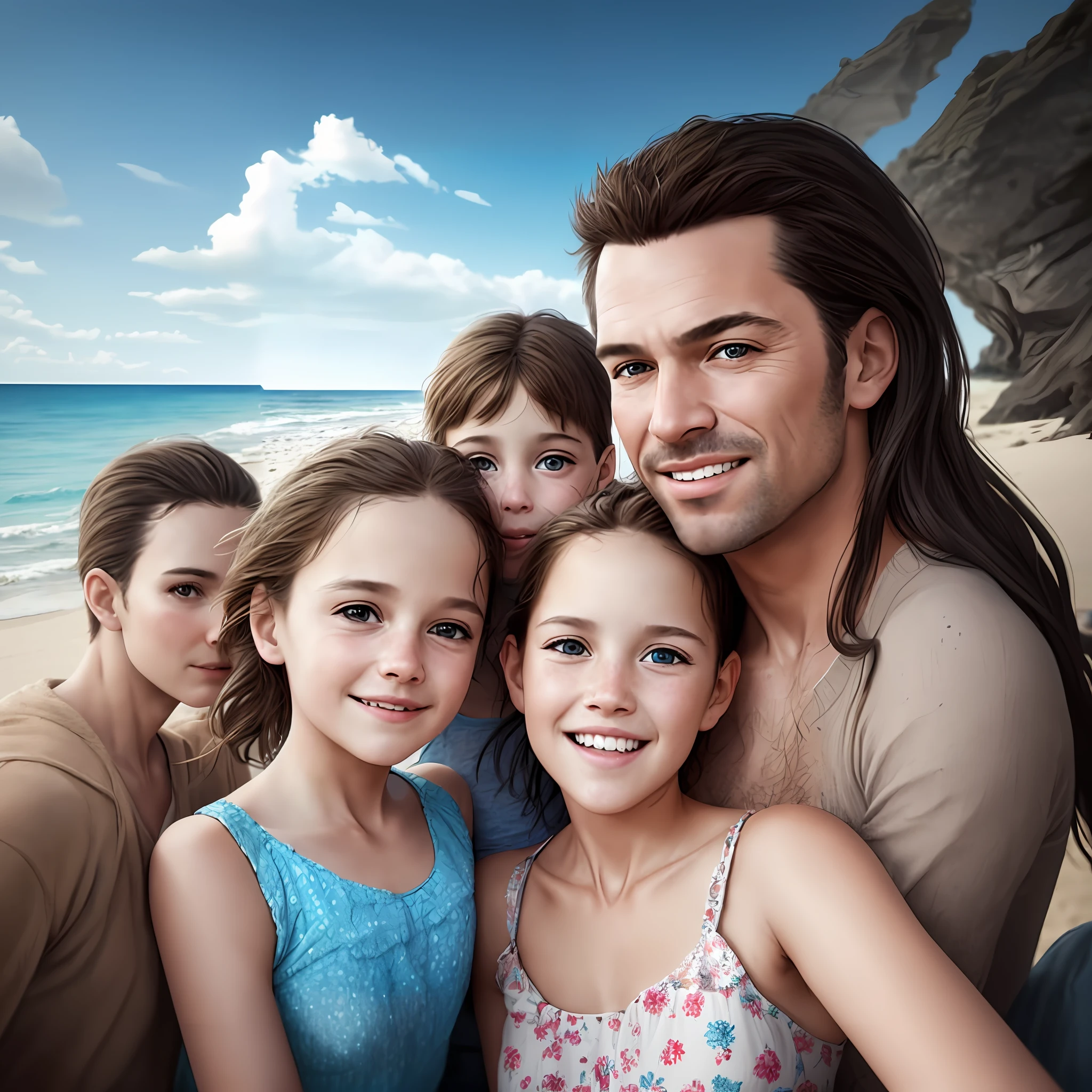 A man and two girls and a man on the beach, realistic portrait photo, Digital art. photograph realistic, Happy family, personal profile picture, high quality portrait, family photos, beautiful and realistic faces, Photorealistic faces, uhd realistic faces, photo realistic portrait, realistic digital painting, Realistic art, Numbers washes, very realistic digital art, illustratio