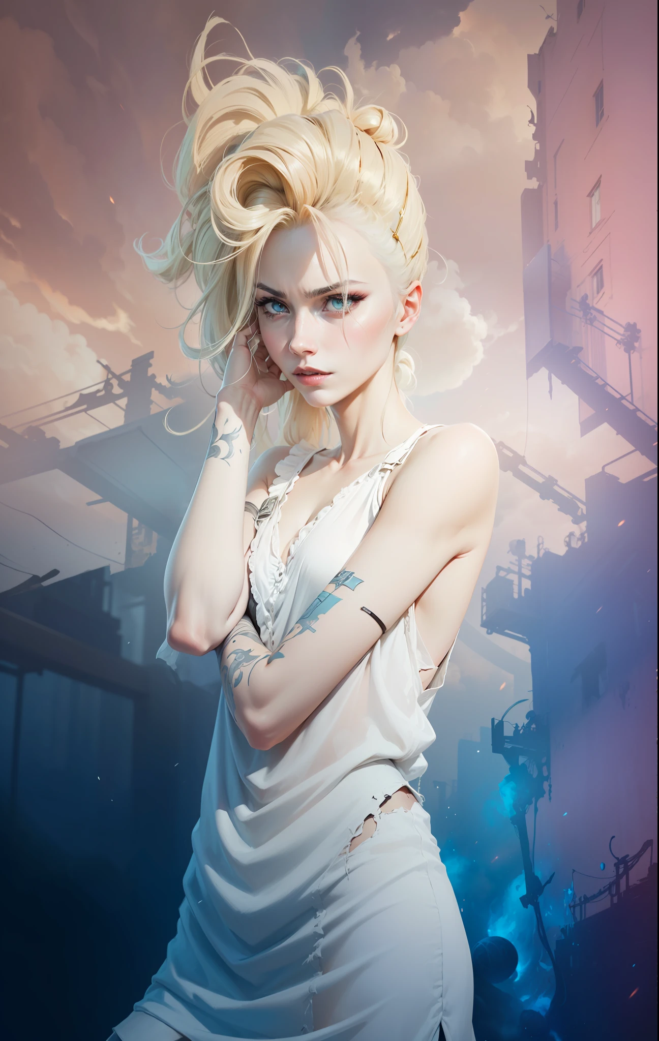 ((Best quality)), ((masterpiece)), (highly detailed:1.3), 3D, arcane style,In the dark and courageous dystopian city of Piltover, plagued by violence and divided into two opposing factions, a young prodigy named Jinx emerges. Having endured unimaginable loss and abandonment, she embraced a life of chaos and destruction. Known for her inventive and explosive abilities, Jinx becomes an icon of rebellion against the oppressive forces that control the city. However, haunted by guilt and battling inner demons, she must confront her past and decide whether to continue on the path of anarchy or seek redemption amid the turmoil. Explore Jinx's journey as she navigates a treacherous world, fighting for survival, unlocking secrets, and discovering the true meaning of her twisted existence, chaos reigns supreme, and at the center of it all is Jinx, the embodiment of unpredictability. Delve deep into Jinx's twisted mind, exploring the origins of his madness and the driving force behind his destructive nature. Unravel the moments that shaped her into the crazed, iconic character we know. Take us on a wild journey through the vibrant streets of Piltover and the shadowy suburb of Zaun as Jinx wreaks havoc with his explosive arsenal. Can redemption find its way into Jinx's fractured soul? Or will she dance forever on the edge of sanity, embracing the chaos that fuels her very existence? Arcane's fate hangs in the balance as Jinx's path intertwines with unlikely allies and formidable enemies. Ignite your imagination and paint a vivid portrait of Jinx's distorted psyche, capturing the essence of her madness and the indomitable spirit that defines it, HDR (High Dynamic Range), Ray Tracing, NVIDIA RTX, Super-Resolution, Unreal 5, Subsurface Scattering, PBR Texturing, Post-processing, Anisotropic Filtering, Depth of Field, Maximum Clarity and Sharpness, Multit Textures