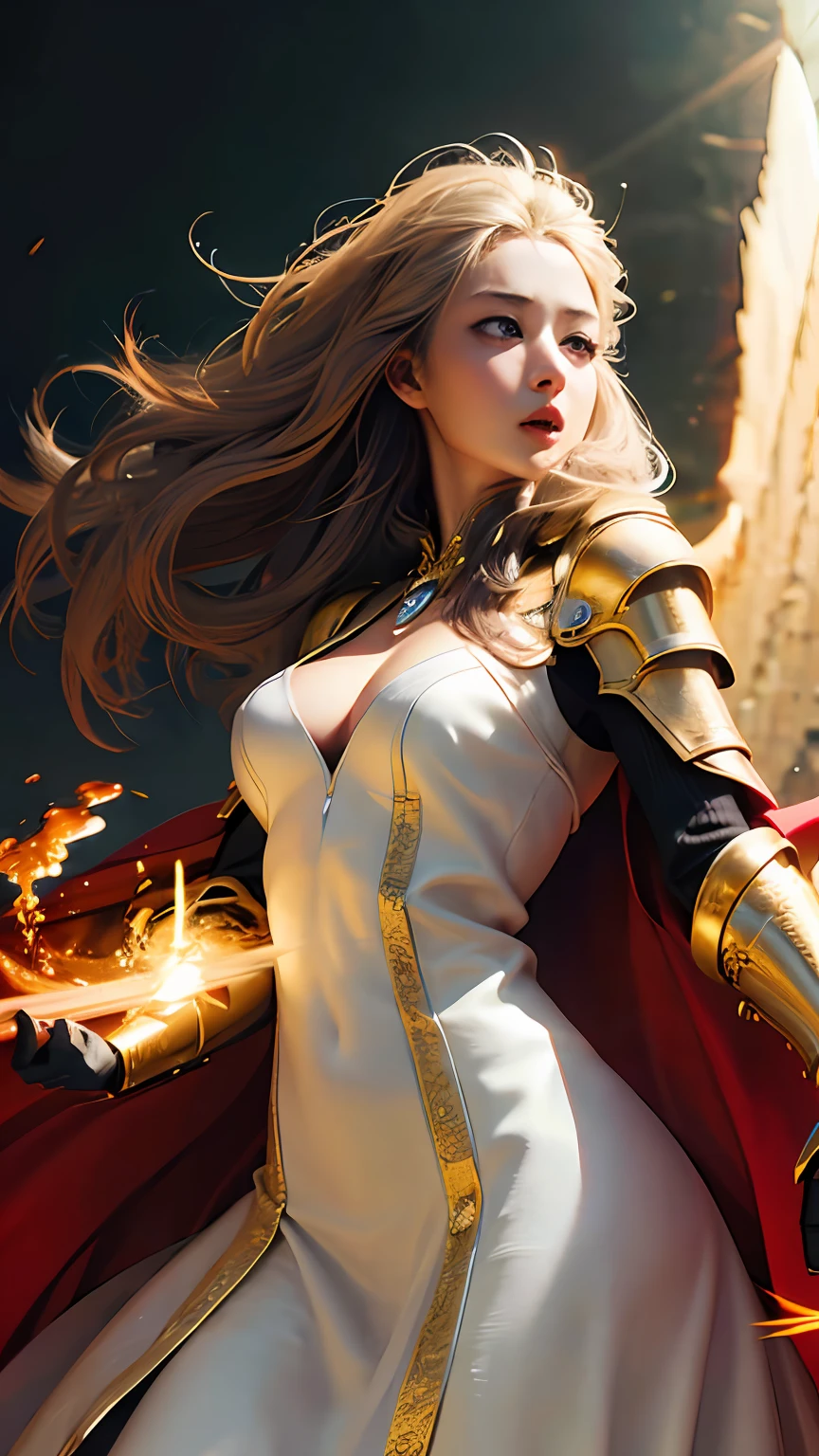 Official Art, Unity 8k wallpaper, ultra detail, masterpiece, best quality, one woman, (very detailed),(RAW photo, best quality), (realistic, photorealistic:1.3), high definition, open mouth wide, ultra-detailed complex 3D rendering of face, (big breasts: 8.8), (highly detailed skin: 1.2), (exposure: 1.1), Beautiful Caucasian woman with full soft breasts and white skin with big ass (topless), breasts, long gray hair, brown eyes, long hair, (translucent white dress), dynamic angle, mystical expression, fire glow effect, fantasy background, rim lighting, side light, cinematic light, ultra high definition, 8k, film grain,best shadow, light particles, detailed skin texture, Detailed gem armor texture, detailed face, intricate detail, super detailed, bright, strong, gold armor, cleavage, have glowing weapon, have shield, pole dron, (()), glowing eyes, long red cloak, fantasy, (realistic),