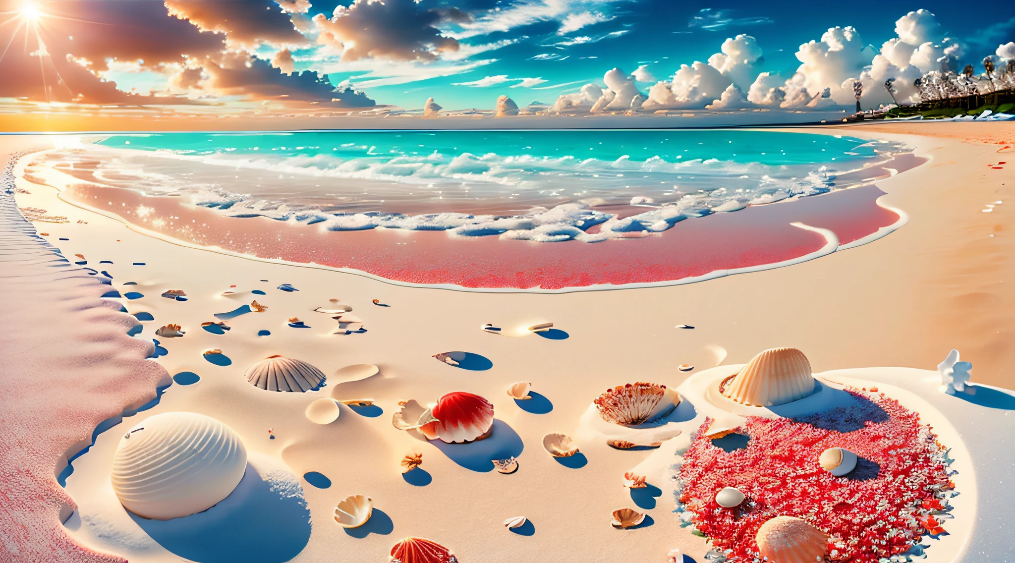 Exquisite scenes，depth of fields，8K，The ivory sky，White clouds，The sun shines on the snow-white sand。The coral sea，There are many small colorful shells on the beach，red rose，Rose flower，Castle in the sea，