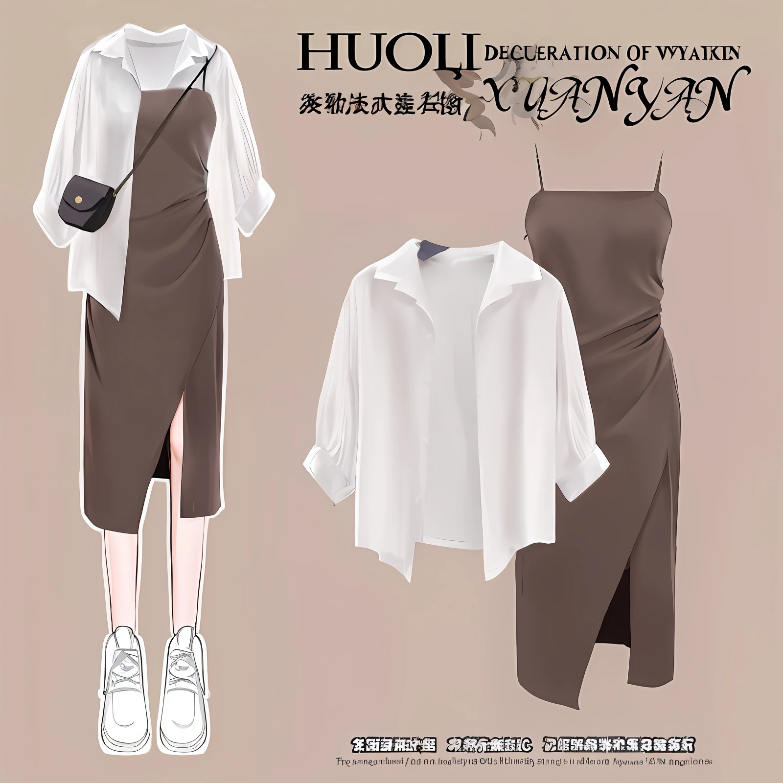 Close-up of a woman in a dress and shirt, Inspired by Huang Ji, inspired by Hua Yan, brown clothes, inspired by Yan Hui, inspired by Luo Mu, multilayered outfit, brown and white color scheme, fashionable attire, inspired by Ma Yuanyu, Inspired by Wang Hui, smooth white tight clothes suit, clothing design, casual clothing style