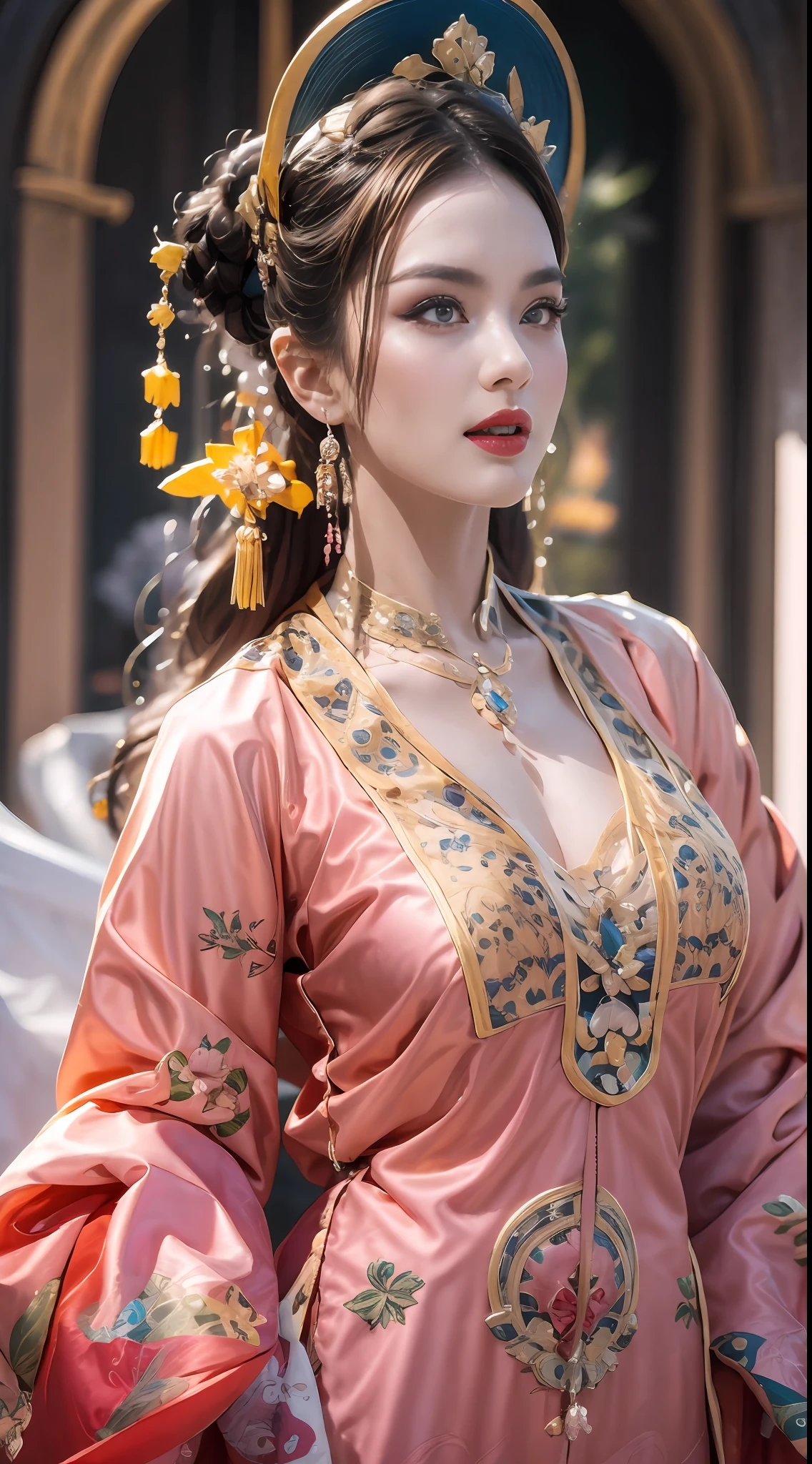 Portrait of a 27-year-old saint, charming adult saint in a long dress made of thin silk, beautiful cute face, adult, wearing a thin multicolored silk dress, beautiful face without blemishes, Lovely smile, ((7-color hair length:1.2)), big crown, hair brooch, hanfu dress, chinese ancient style, full body jewelry, forehead tattoo, super even chest, face, innocent face, The most beautiful and detailed light red lipstick, ((Thin plump lips:0.3)), delicate pink and white eyes (white and detailed) cinematic, light and dark, dramatic lighting, magical light, extremely detailed light, true color, super sharp, realistic, 8k quality, fantasy universe background, saints and magical space, the most detailed images, Solo, a saintess, ((looking directly at the saint's upper body:0.4)), ((smooth skin:0.5)),