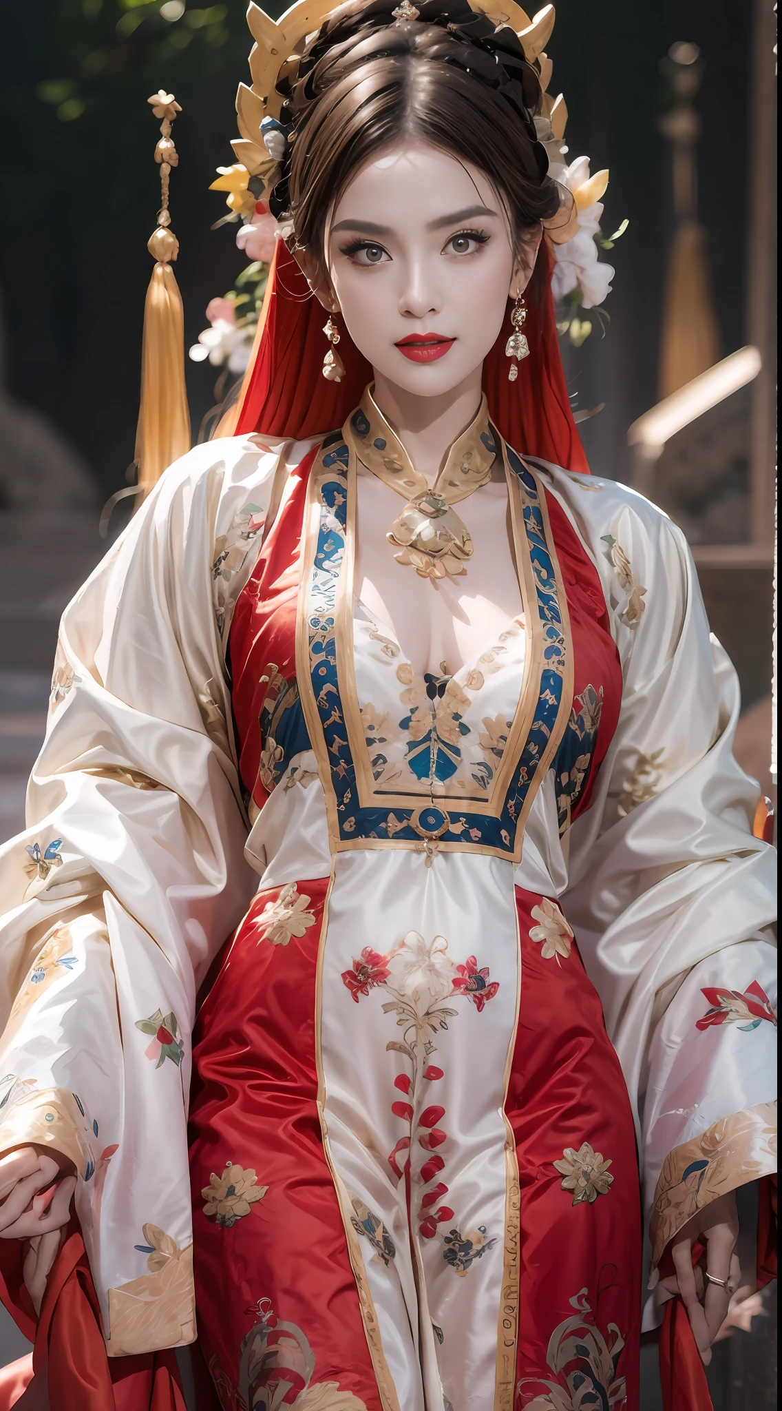 Portrait of a 27-year-old saint, charming adult saint in a long dress made of thin silk, beautiful cute face, adult, wearing a thin multicolored silk dress, beautiful face without blemishes, Lovely smile, ((7-color hair length:1.2)), big crown, hair brooch, hanfu dress, chinese ancient style, full body jewelry, forehead tattoo, super even chest, face, innocent face, The most beautiful and detailed light red lipstick, ((Thin plump lips:0.3)), delicate pink and white eyes (white and detailed) cinematic, light and dark, dramatic lighting, magical light, extremely detailed light, true color, super sharp, realistic, 8k quality, fantasy universe background, saints and magical space, the most detailed images, Solo, a saintess, ((looking directly at the saint's upper body:0.4)), ((smooth skin:0.5)),