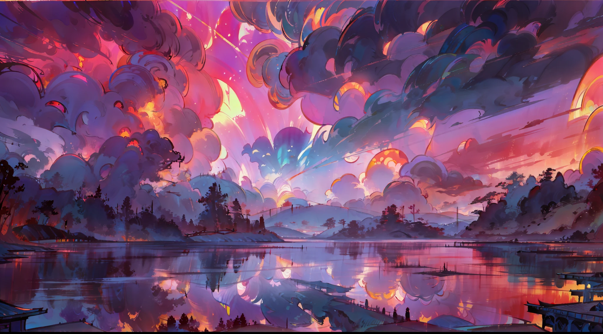 A surreal masterpiece，It presents a beautiful and spectacular view of dusk。The ocean forms the background，Accompanied by colorful sunsets and fantastic sky reflections。The beautiful sky blends in with the colors of the lake，It's like a flame。This 8K picture creates a fantastic atmosphere，Colorful clouds are suspended in it，Create surreal visual experiences