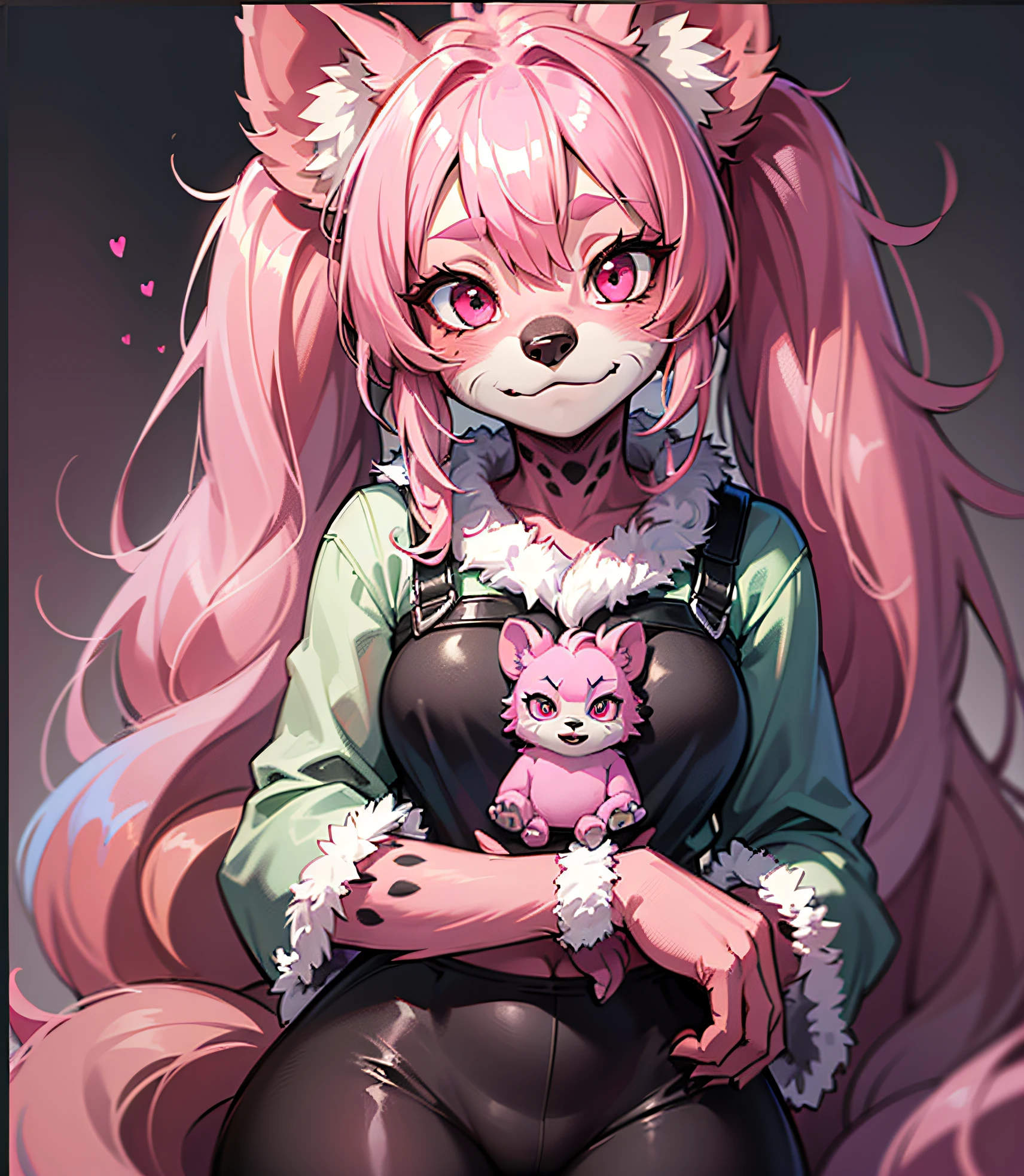 (((furry))), hyena girl, pink hair, very long hair, small stature, chubby, hair between eyes, twintails, wide hips, pink eyes, (((pink hair))), girly clothes, fully clothed, highest quality, masterpiece, absurdres, face-shot, closed mouth, (((pink fur))), ((hyena ears)), cute,