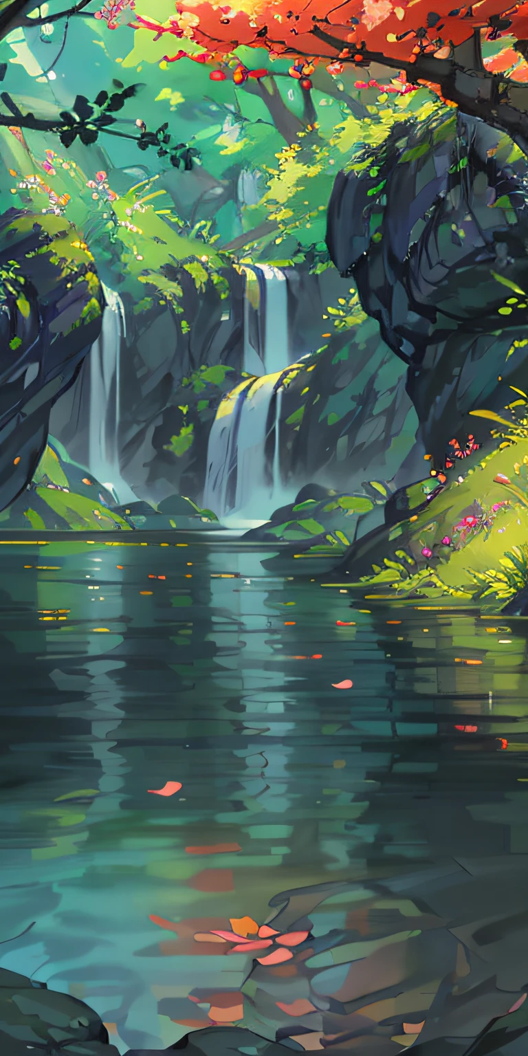 Chinese ancient times, spring, jungle, lake, cave, waterfall, tree, meadow, rock, deer, hot spring, water vapor, (illustration: 1.0), epic composition, realistic lighting, HD details, masterpiece, best quality, (very detailed CG unified 8k wallpaper)