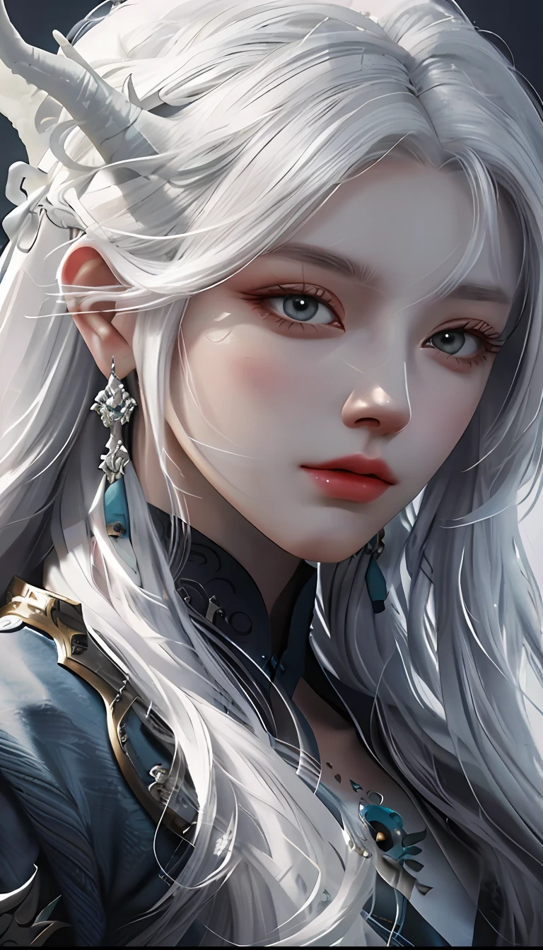 A long white hair,Close-up of a woman wearing a white mask and with oriental dragon horns on her head,Belle peinture de personnage,Guviz,Guviz-style artwork,White-haired god,Yang J,Epic and beautiful character art,Stunning character art,FAN Qi,Wu Zhun Shifan,Guvitz at the Pixiv Art Station