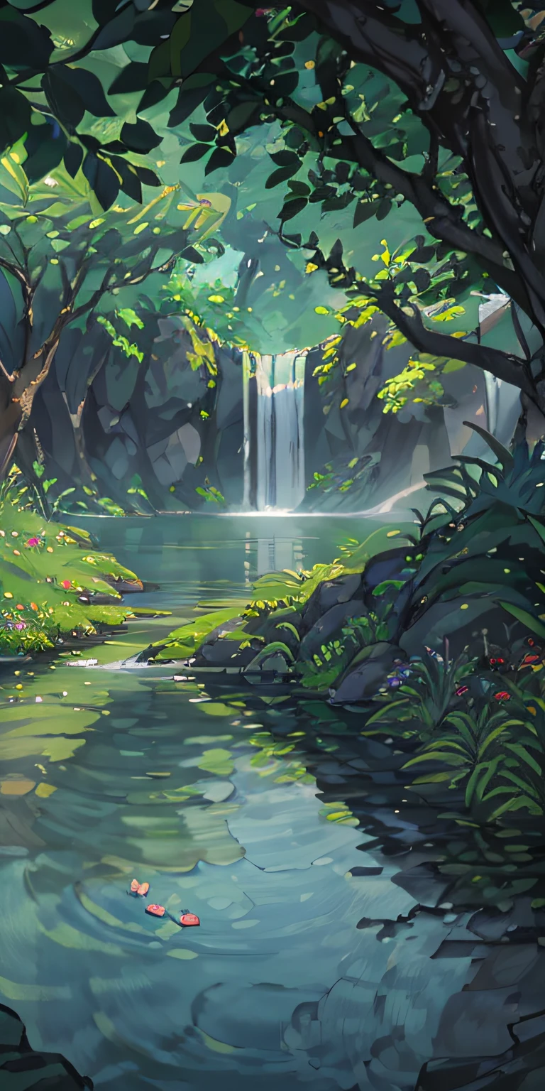 Chinese ancient times, spring, jungle, lake, cave, waterfall, tree, meadow, rock, deer, hot spring, water vapor, (illustration: 1.0), epic composition, realistic lighting, HD details, masterpiece, best quality, (very detailed CG unified 8k wallpaper)