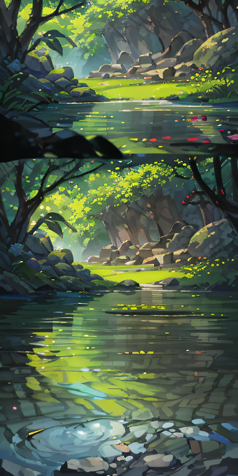 Chinese ancient times, spring, jungle, lake, cave, waterfall, tree, meadow, rock, deer, hot spring, water vapor, (illustration: 1.0), epic composition, realistic lighting, HD details, masterpiece, best quality, (very detailed CG unified 8k wallpaper)