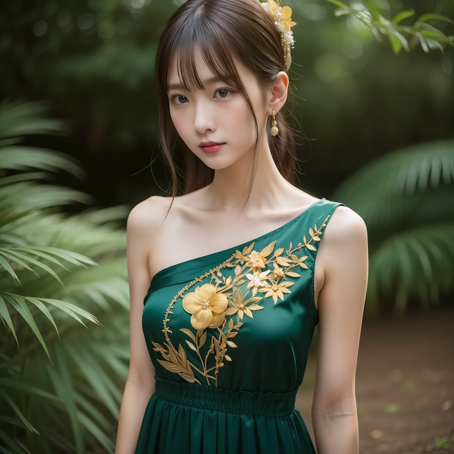 Top image quality、８K、Highest photo quality、RAW images、fully body photo、Full body portrait、Japan girls１a person、Slender and delicate body、(fully body photo、Full body portrait)、200mm telephoto lens、kawaii、Dark Green Silk Long Dress、(halterneck、off shoulders)、(large golden embroidery on the chest,)、Cute Pose、medium distance shot、Slender Abs、Medium telephoto lens、Gold headband、fully body photo、medium distance shot、