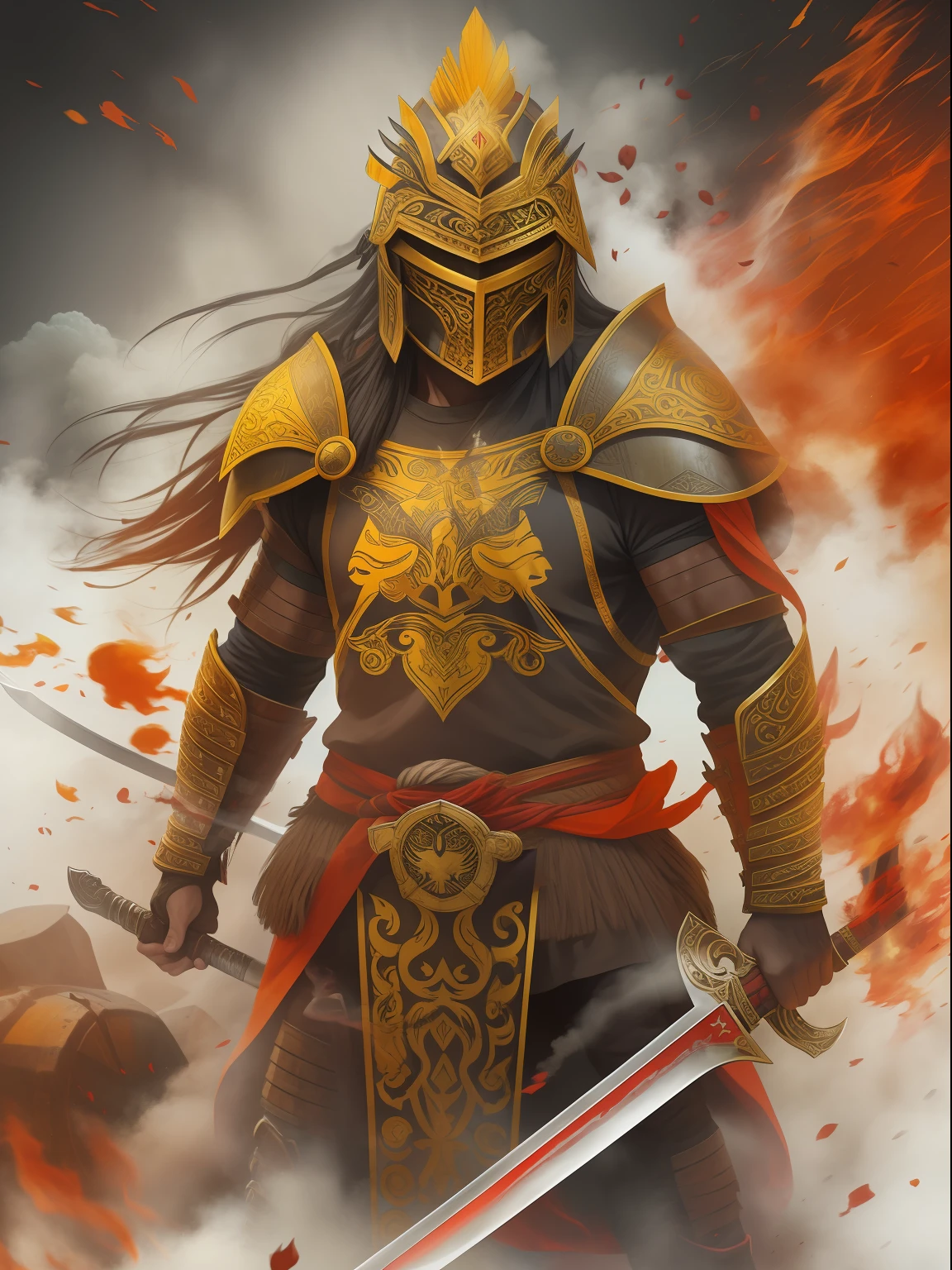 ancient warrior, fierce and powerful, wearing intricate armor, holding a mighty sword, surrounded by battlefield smoke, t-shirt design, red and yellow color splash,