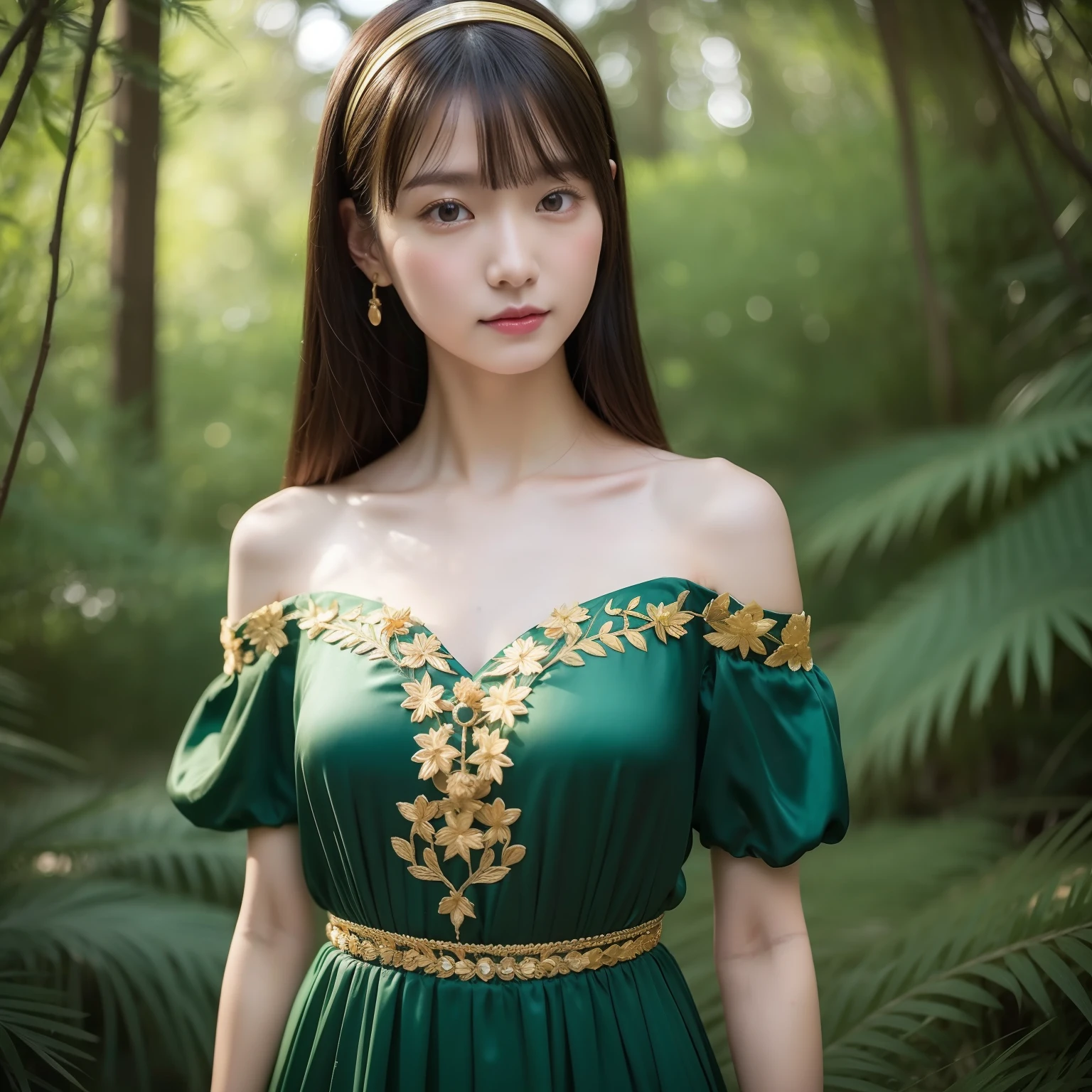 Top image quality、8K、Highest photo quality、RAW images、fully body photo、Full body portrait、Japan girls1a person、Slender and delicate body、(fully body photo、Full body portrait)、200mm telephoto lens、kawaii、Dark Green Silk Long Dress、(halterneck、off shoulders)、(large golden embroidery on the chest,)、Cute Pose、medium distance shot、Slender Abs、Medium telephoto lens、Gold headband、fully body photo、medium distance shot、
