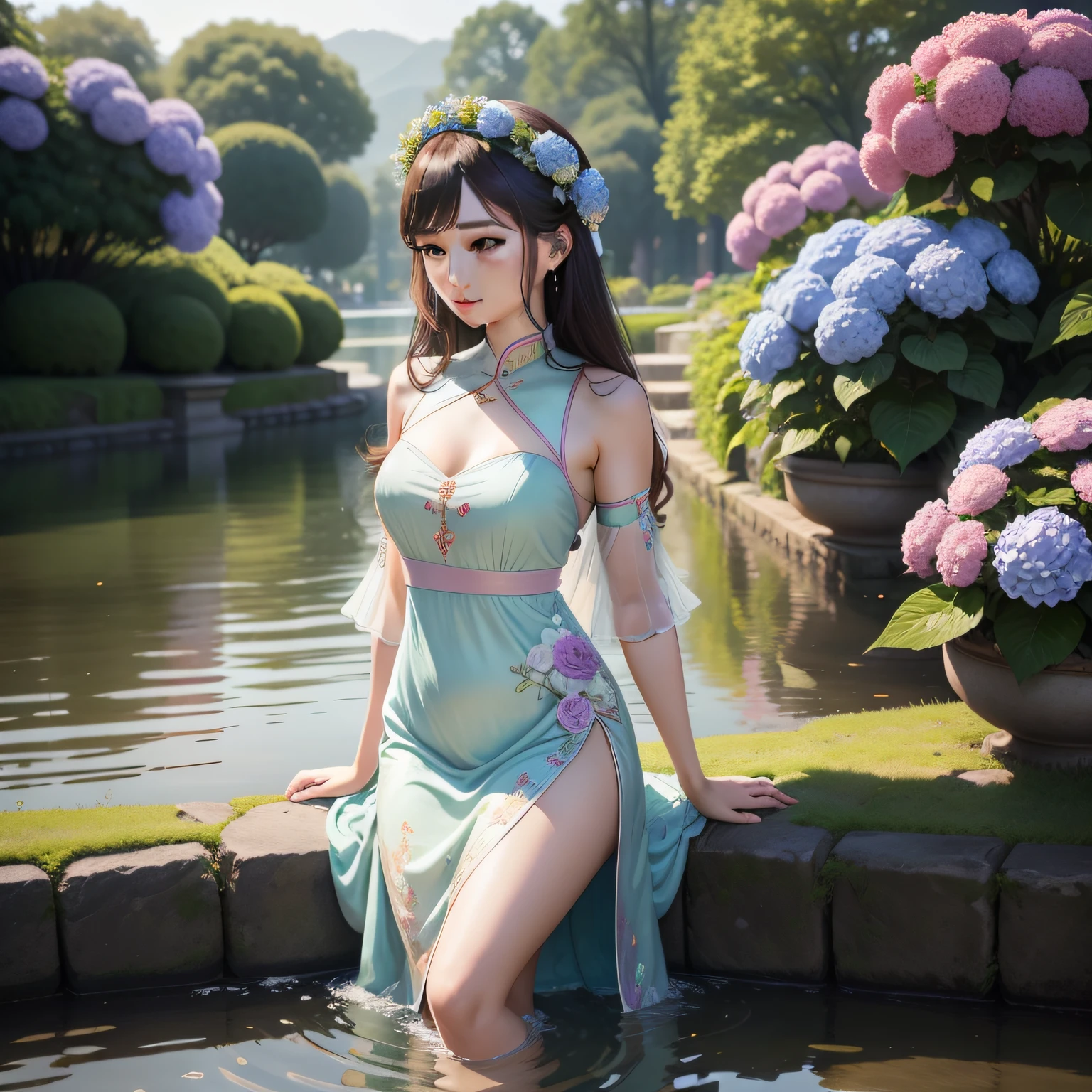 hydrangeas， parks， There are beautiful women in the middle of the lake，The words of the beautiful woman's dress are like Li Qiong， Small hills， Pebble path， tmasterpiece， best qualtiy， ??????? correct， high detal， 8K，