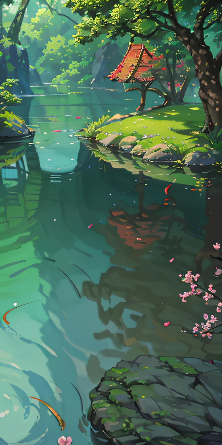 Chinese ancient times, spring, jungle, lake, cave, waterfall, tree, meadow, rock, deer, hot spring, water vapor, (illustration: 1.0), epic composition, realistic lighting, HD details, masterpiece, best quality, (very detailed CG unified 8k wallpaper)