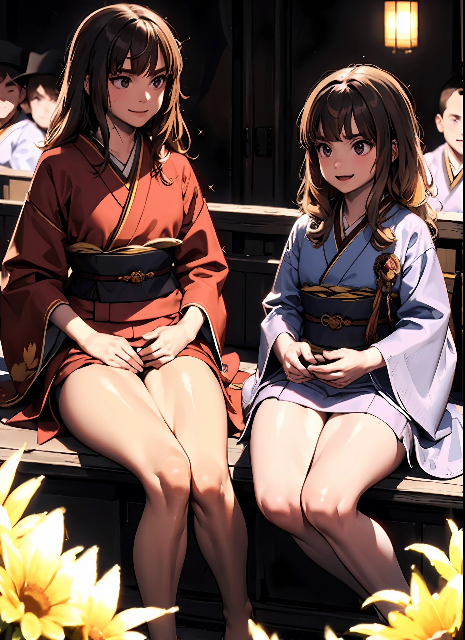 Masterpiece, hiquality, 1girl, child, 独奏, 3d face, Walking, Cowboy shot, hairlong, 独奏, anatomically correct smile, Hermione Granger,kimono, Japanese kimono, décolleté, little chest, Realistic, sparkly skin, wide thighs, thights, frontal view, sparkly skin, sitting, lots of flowers, Highly Detailed Beautiful Face and Eyes, Beautiful skin,The Ideal School of Anatomy, Simple backgorund,