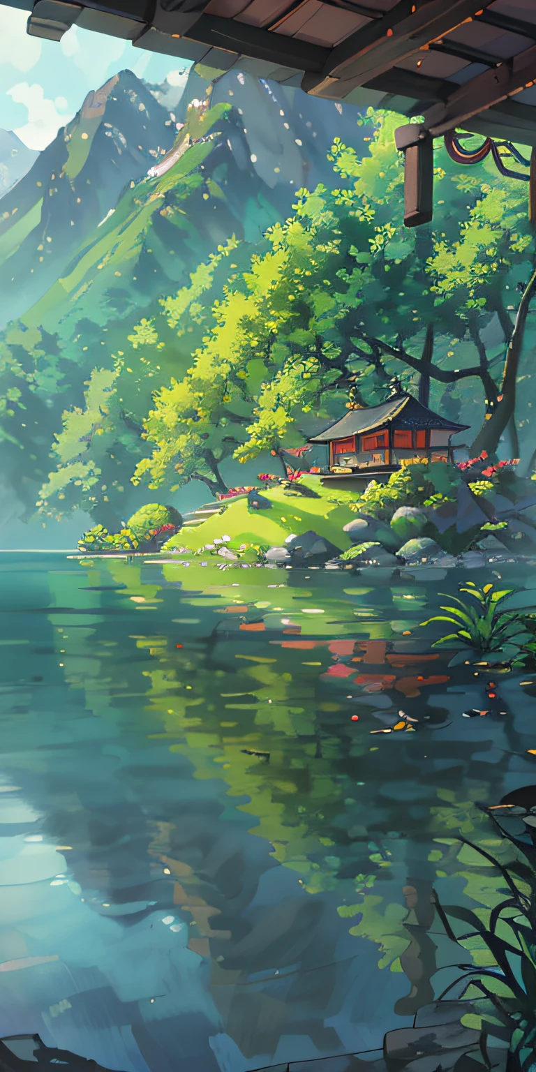 Chinese ancient times, spring, jungle, lake, cave, waterfall, tree, meadow, rock, deer, hot spring, water vapor, (illustration: 1.0), epic composition, realistic lighting, HD details, masterpiece, best quality, (very detailed CG unified 8k wallpaper)