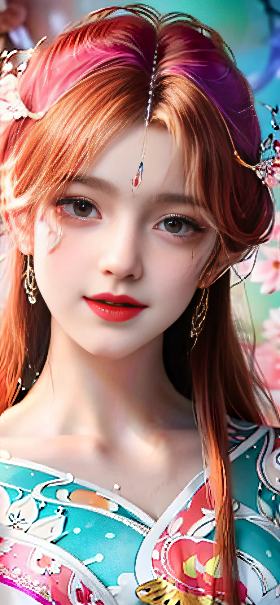 (tmasterpiece,top Quority,best qualtiy,offcial art,Beauty and aesthetics:1.2),(1girl:1.3),The is very detailed,(s fractal art:1.2),extremely colorful,Most detailed,(zentangle:1.2),(dynamicposes) , (abstract backgrounds:1.5), (traditionalcostumes:1.2), (shiny skins), (many color:1.4), The upper part of the body,Petite