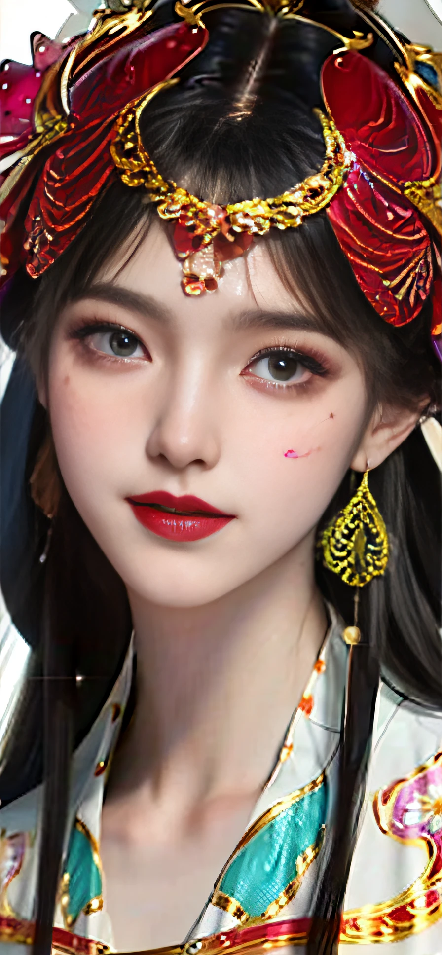 (tmasterpiece,top Quority,best qualtiy,offcial art,Beauty and aesthetics:1.2),(1girl:1.3),The is very detailed,(s fractal art:1.2),extremely colorful,Most detailed,(zentangle:1.2),(dynamicposes) , (abstract backgrounds:1.5), (traditionalcostumes:1.2), (shiny skins), (many color:1.4), The upper part of the body,Petite