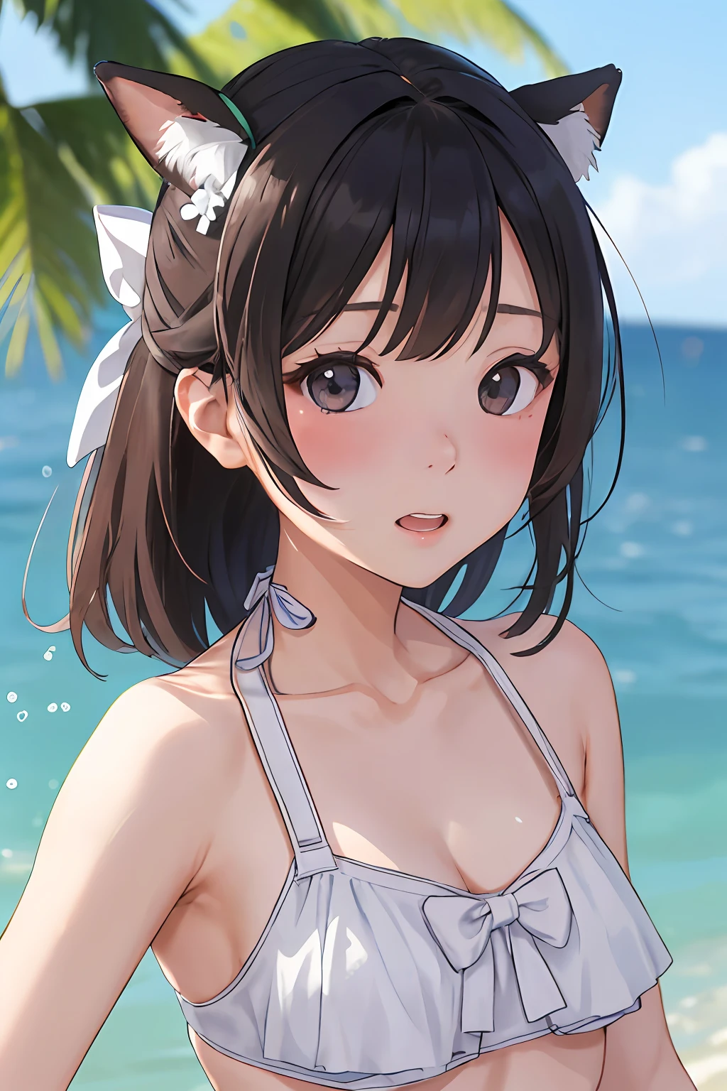 1人、a matural female、The bikini、the bow、a picture、realisticlying、top-quality、adopt、A detailed face、mare、细致背景、diffuse sunlight、depth of fields、Bokeh