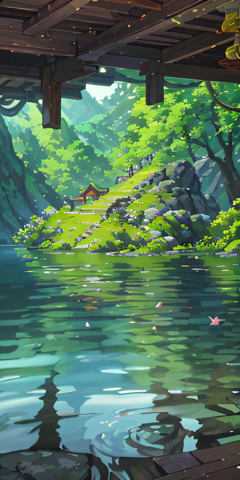 Chinese ancient times, spring, jungle, lake, cave, waterfall, tree, meadow, rock, deer, hot spring, water vapor, (illustration: 1.0), epic composition, realistic lighting, HD details, masterpiece, best quality, (very detailed CG unified 8k wallpaper)