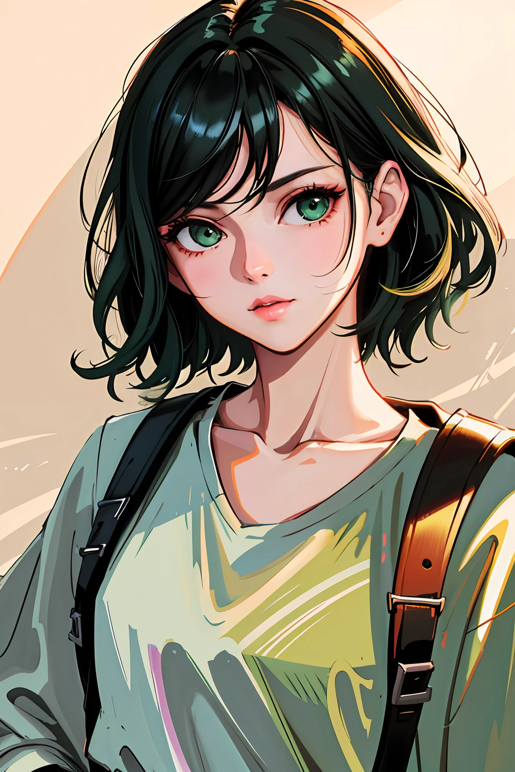 (highres, best quality:1.2), 1girl, radiance, soft contours, beautiful drawing, upper body, concept art, eyelashes, detailed background, black hair on shoulder, white skin, (dark green eyes), pink lips, serious, casual wear, white shirt,