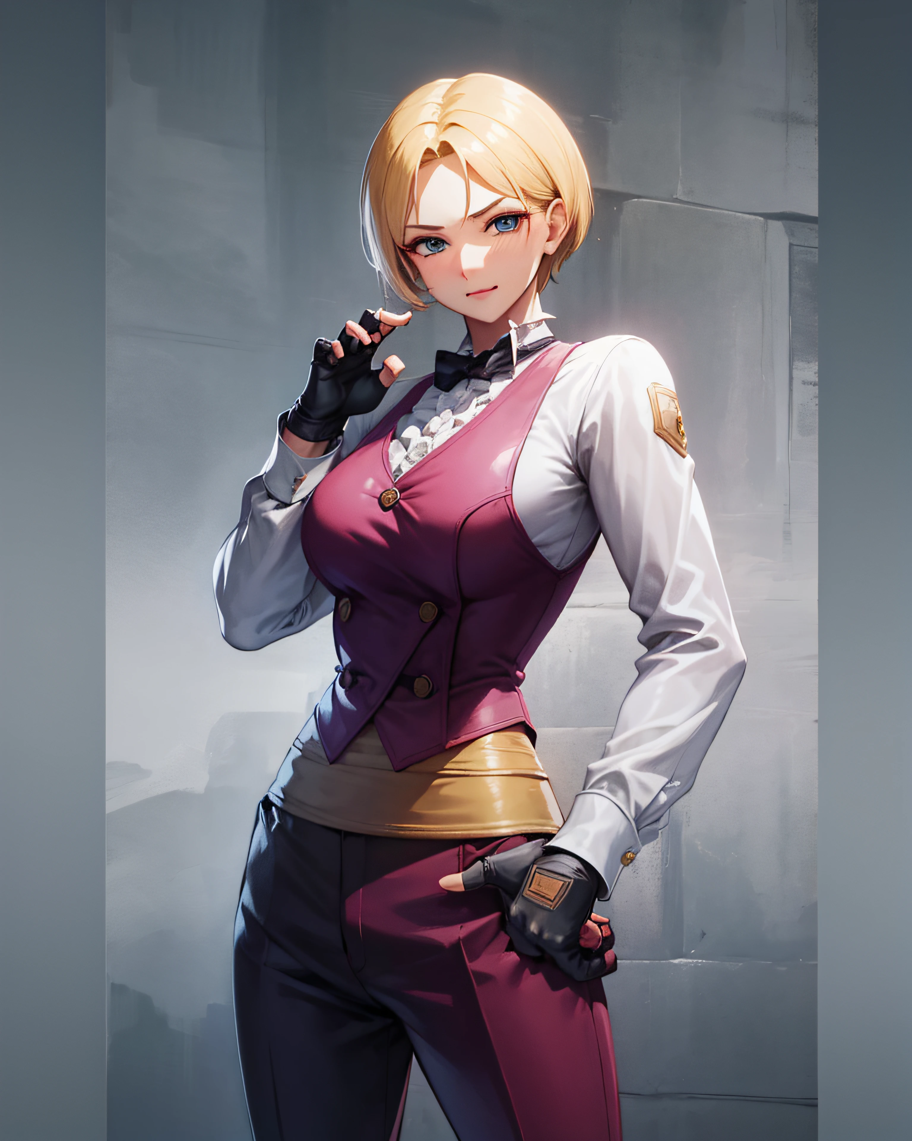 (masterpiece, best quality, high resolution, unity 8k wallpaper, extremely detailed CG:1), (illustration:1.0),  kingms, 1girl, solo, gloves, bow, fingerless gloves, pants, shirt, vest,