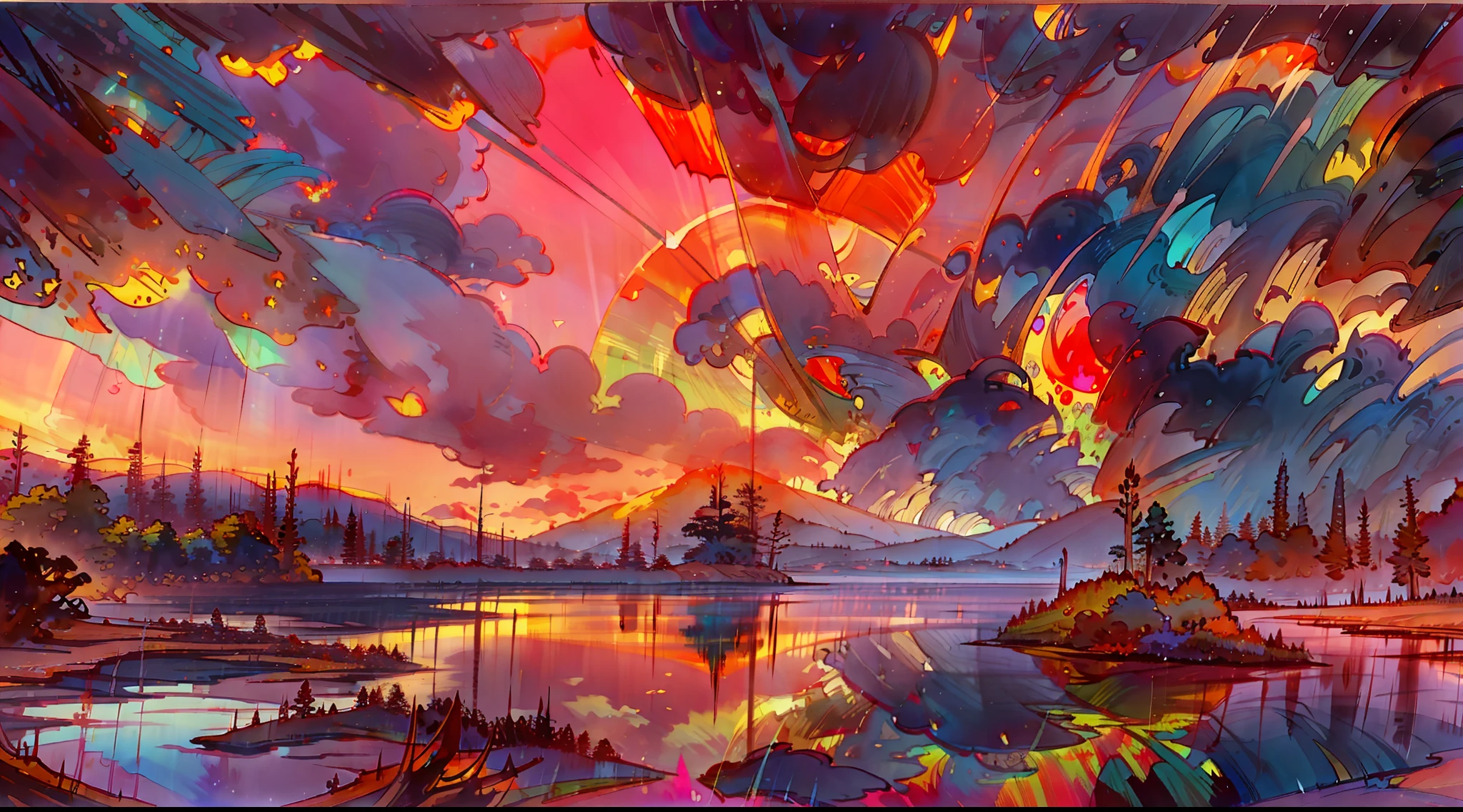 A masterpiece of surreal twilight views，Accompanied by colorful sunsets and fantastic sky reflections，Create a fiery beauty。The 8K picture shows colorful clouds suspended，The sunset is above the clouds，Create a surreal visual experience。