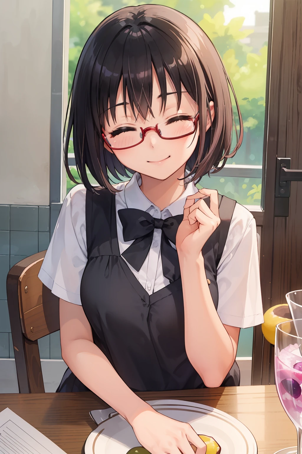 (1 Junior High School Girl、A dark-haired、short-hair、straight haired、hair adornments、eye closed、A smile、wearing black glasses、small tits、cute  face)、​masterpiece、top-quality、Pickled plums with rice on the table、Summer clothes