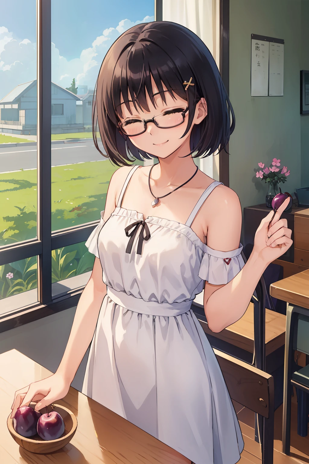 (1 Junior High School Girl、A dark-haired、short-hair、straight haired、hair adornments、eye closed、A smile、wearing black glasses、small tits、cute face)、masterpiece、top-quality、Pickled plums with rice on the table、Summer clothes