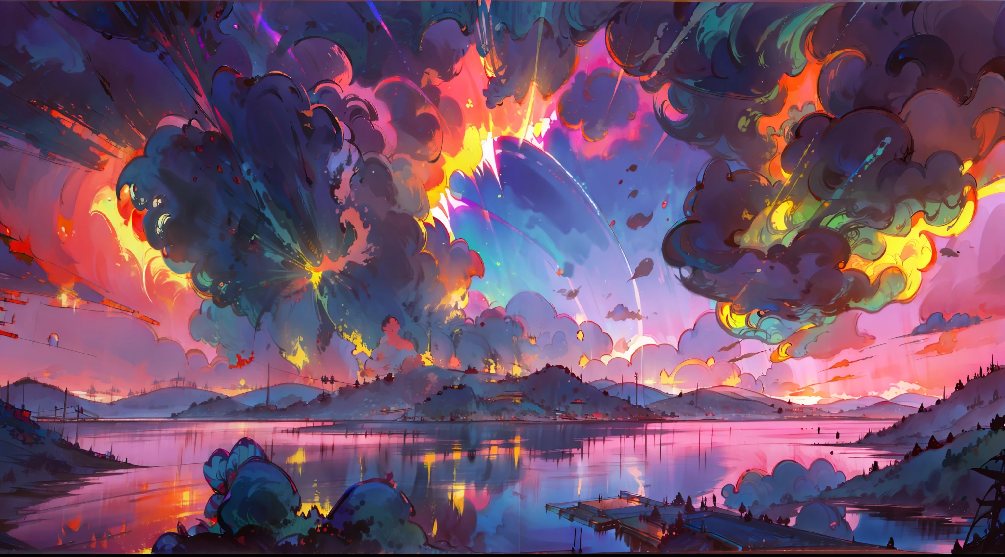 A surreal masterpiece,It presents a beautiful and spectacular view of dusk。The ocean forms the background,Accompanied by colorful sunsets and fantastic sky reflections。The beautiful sky blends in with the colors of the lake,It's like a flame。This 8K picture creates a fantastic atmosphere,Colorful clouds are suspended in it,Create surreal visual experiences