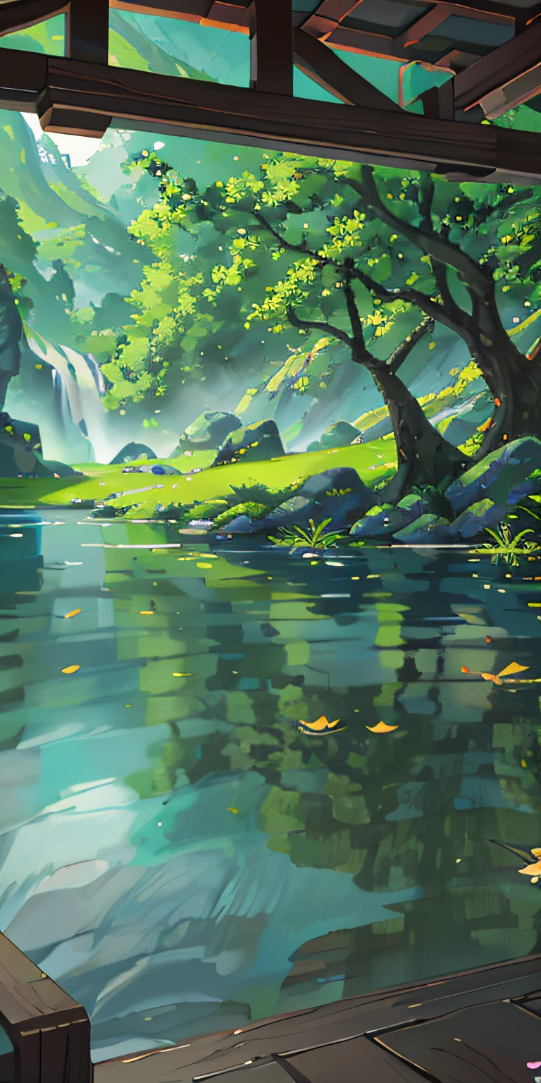 Chinese ancient times, spring, jungle, lake, cave, waterfall, tree, meadow, rock, deer, hot spring, water vapor, (illustration: 1.0), epic composition, realistic lighting, HD details, masterpiece, best quality, (very detailed CG unified 8k wallpaper)