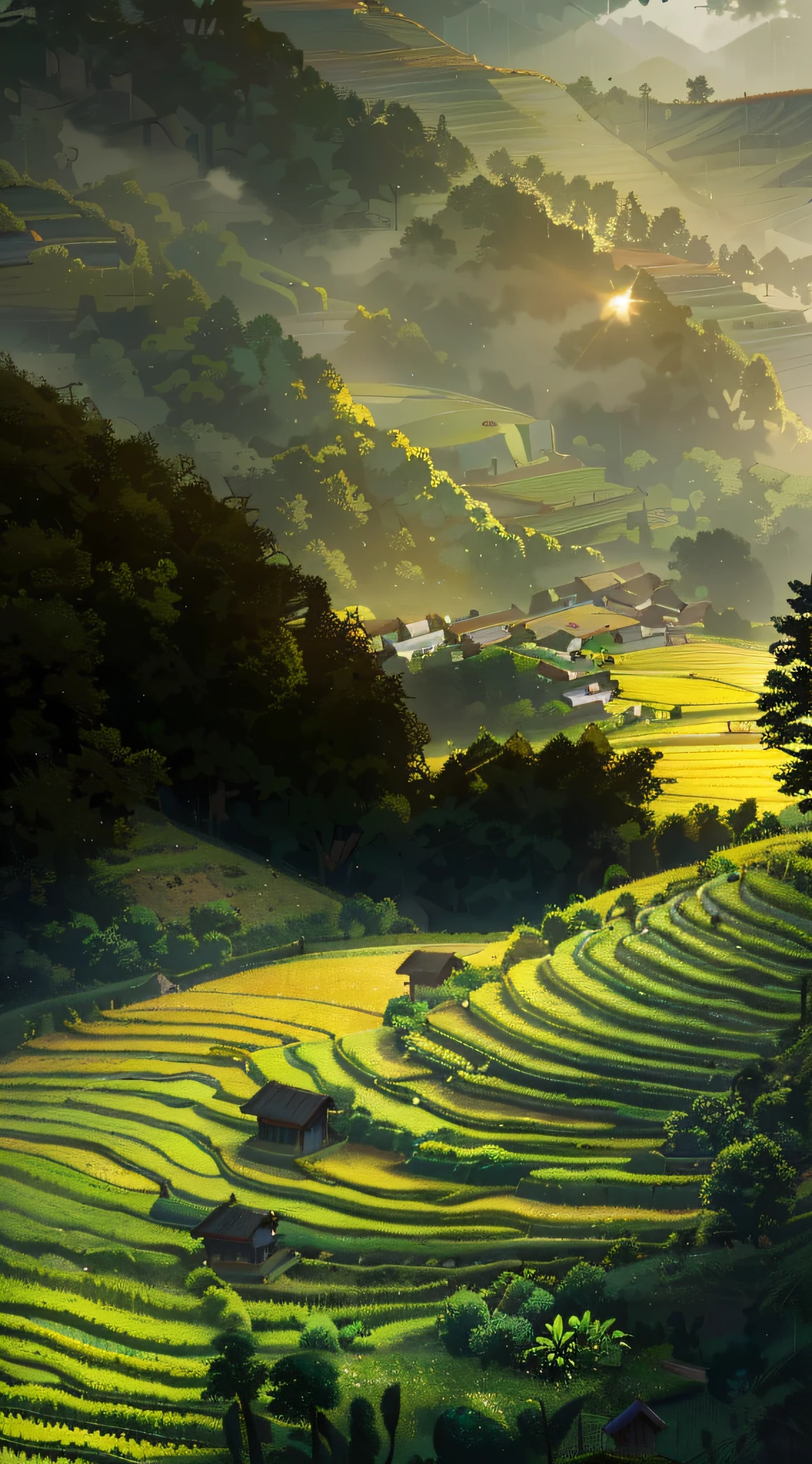 Large expanses of terraced fields, mountains, huts, with rice fields, rice fields, neat rice seedlings in the fields, misty rain, villages, agriculture, in the tranquil landscape, misty weather, in the vast tranquil landscape, in the early morning, in the morning mist, behind a small village, mist, Japanese countryside, thatched roofs --v 6