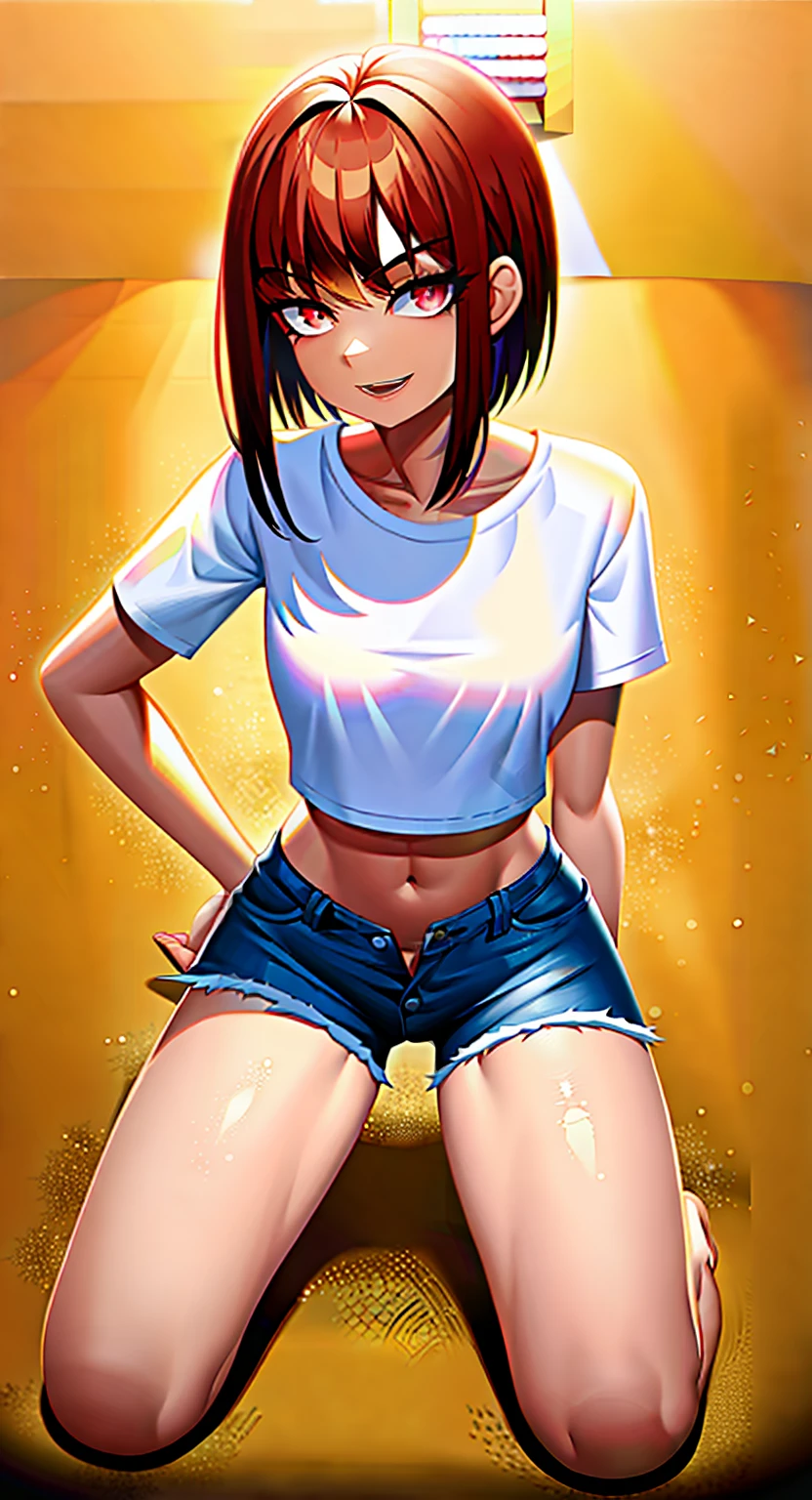 best qualtiy, Full body like，Refined face，18-year-old girl，Slim body，Smaller bust，White crop top T-shirt，Short waist pink denim skirt，Stadium scene，Kneeling pose