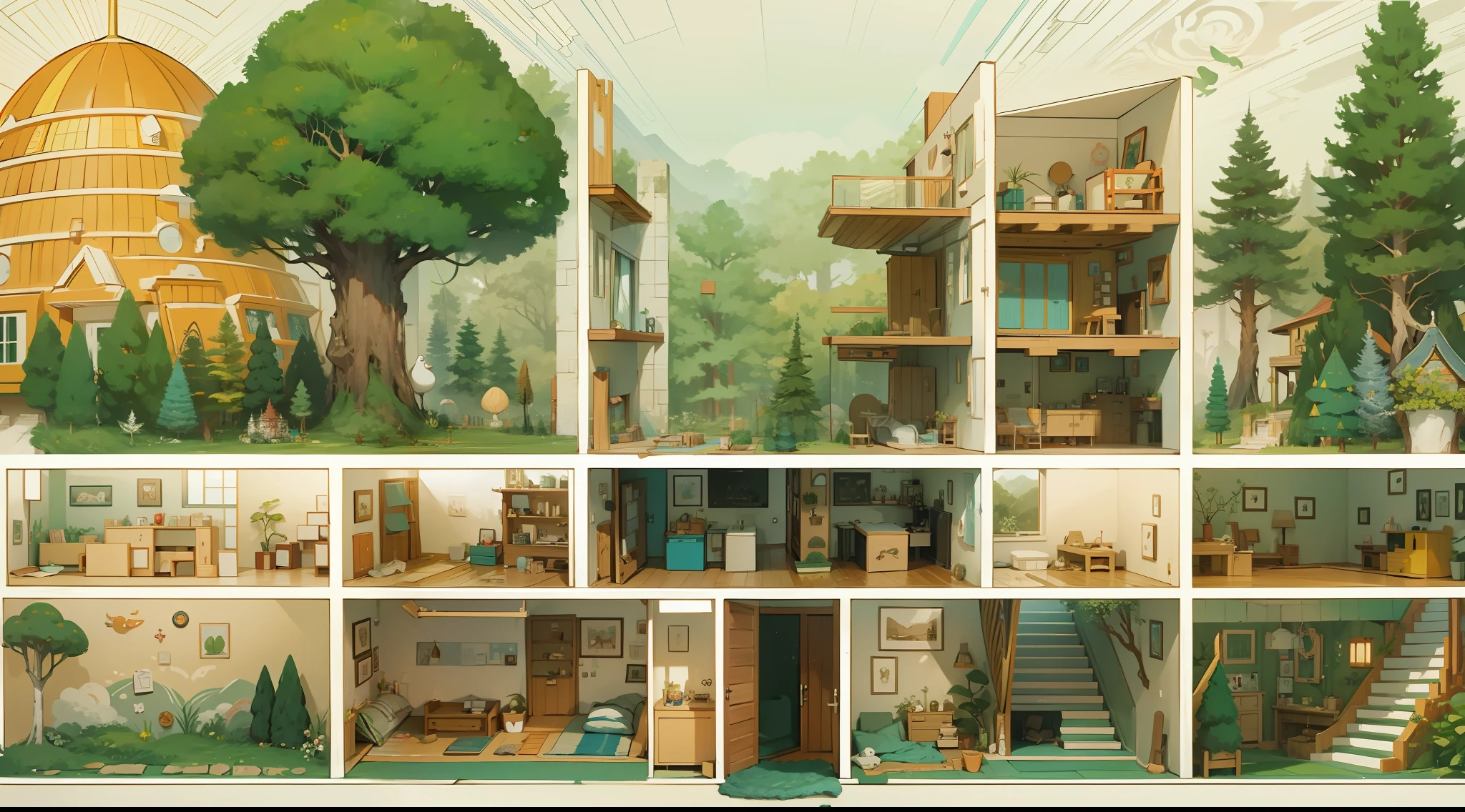 Room profile,forest theme、Underground construction、Different rooms、Neatly arranged,cartoonish style,(dream magical,Conceptual digital art,(The is very detailed,reasonable design,Clear lines,High clarity,The best quality,tmasterpiece,4K)